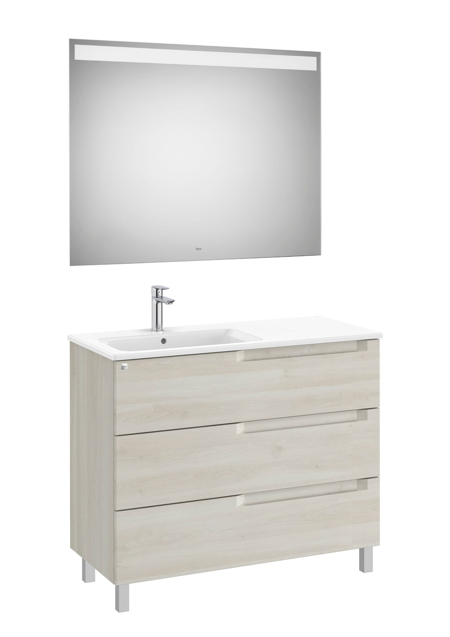 Roca - Mueble base Aleyda Pack de tres cajones con patas, lavabo asimétrico con lavabo a la derecha y espejo con luz LED - BricoandPool