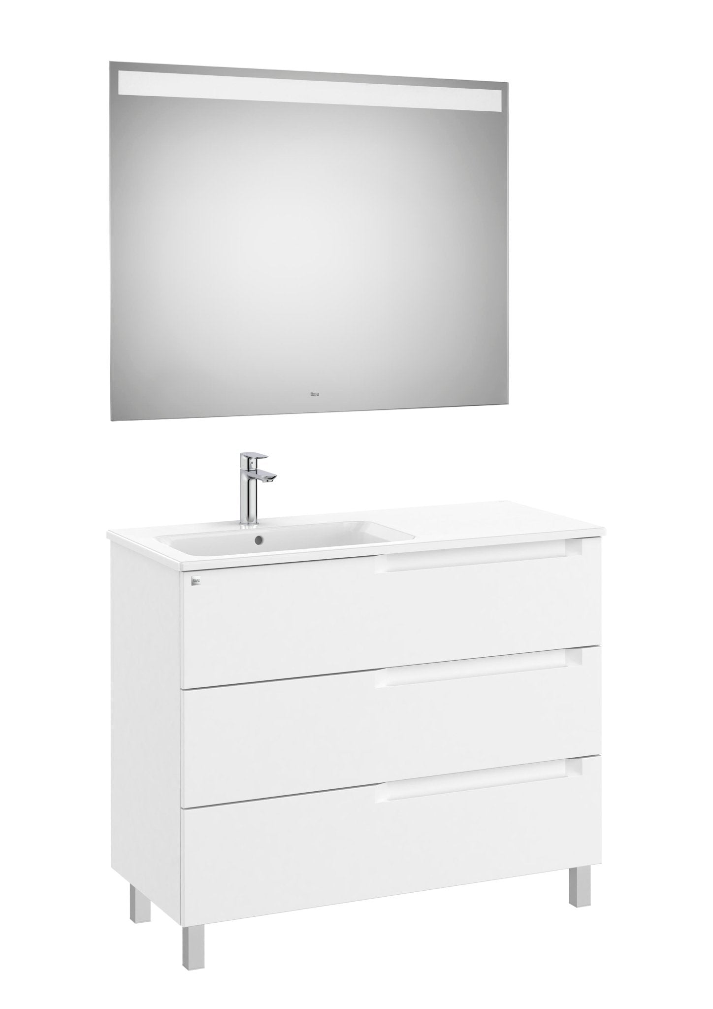 Roca - Mueble base Aleyda Pack de tres cajones con patas, lavabo asimétrico con lavabo a la derecha y espejo con luz LED - BricoandPool