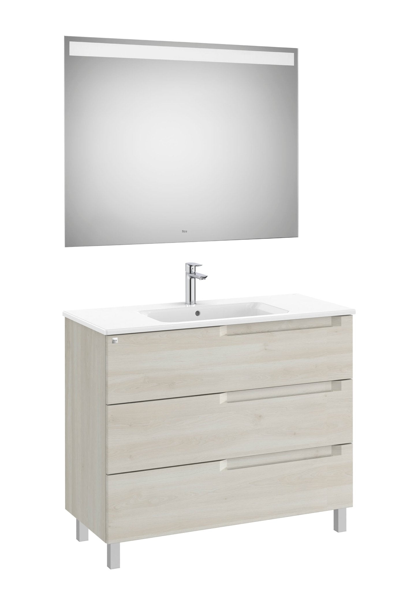 Roca - Mueble base Aleyda Pack de tres cajones con patas, lavabo asimétrico con lavabo a la derecha y espejo con luz LED - BricoandPool