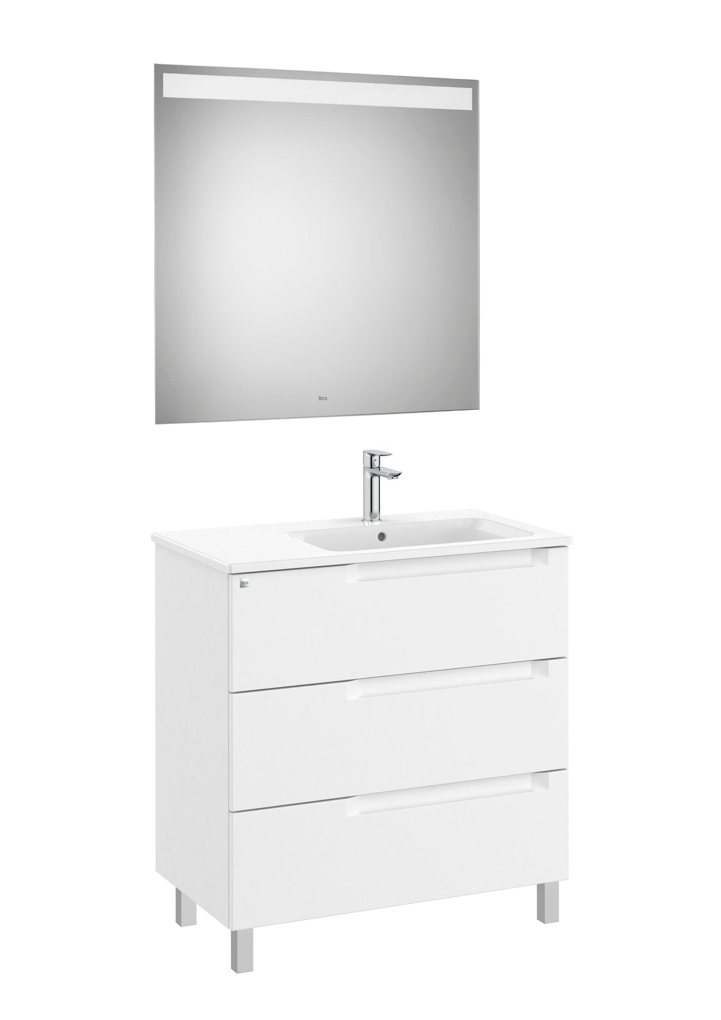 Roca - Mueble base Aleyda Pack de tres cajones con patas, lavabo asimétrico con lavabo a la derecha y espejo con luz LED - BricoandPool