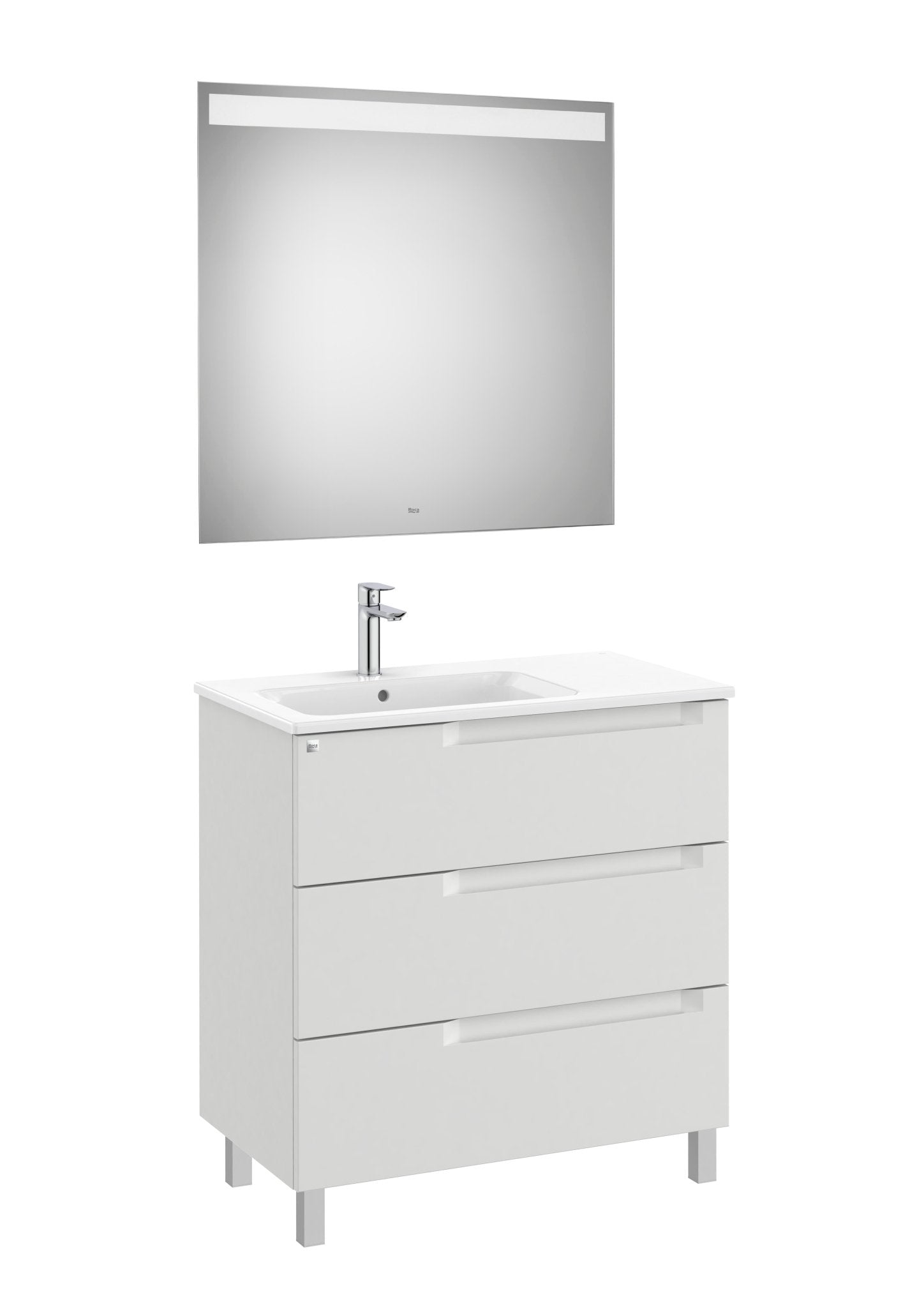 Roca - Mueble base Aleyda Pack de tres cajones con patas, lavabo asimétrico con lavabo a la derecha y espejo con luz LED - BricoandPool