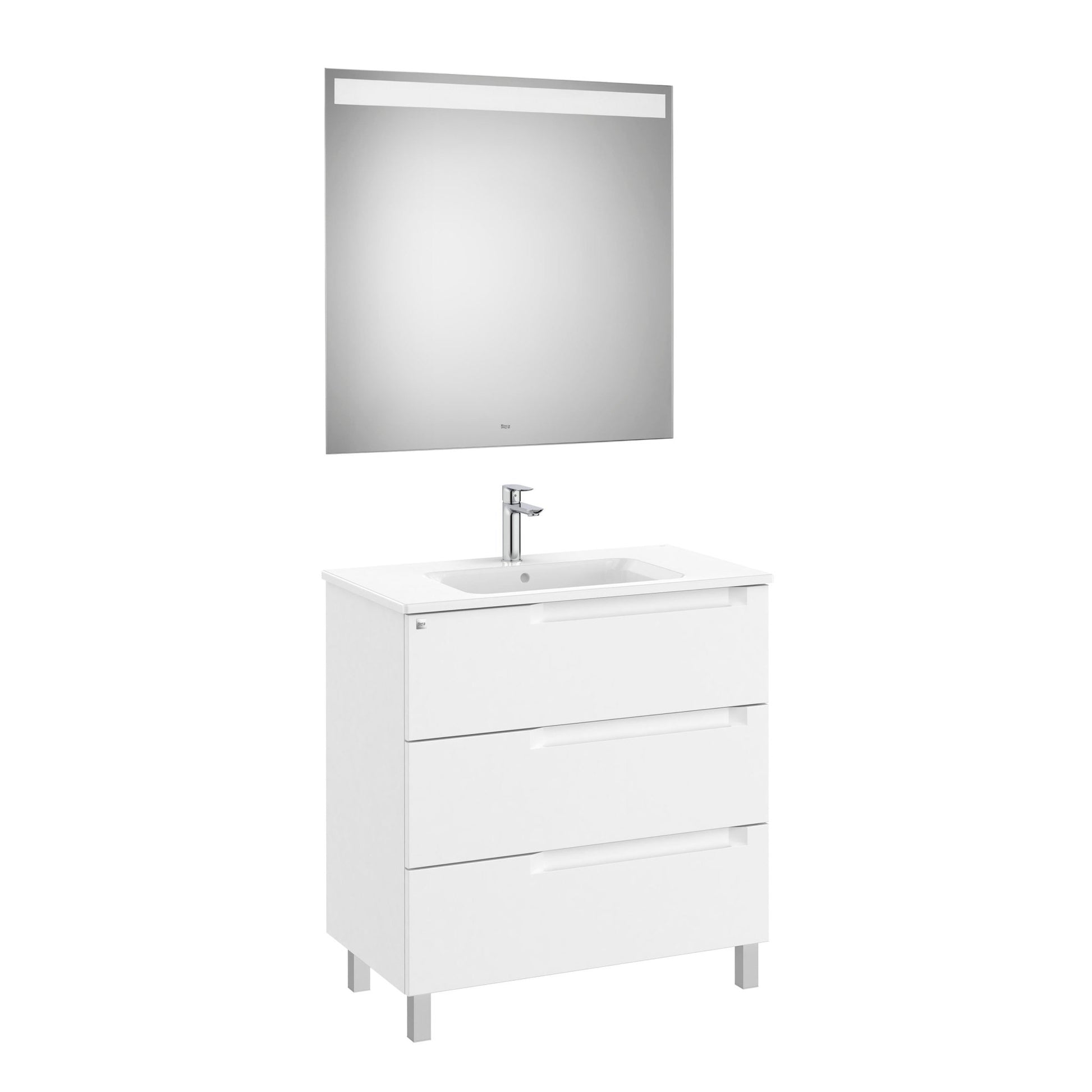 Roca - Mueble base Aleyda Pack de tres cajones con patas, lavabo asimétrico con lavabo a la derecha y espejo con luz LED - BricoandPool