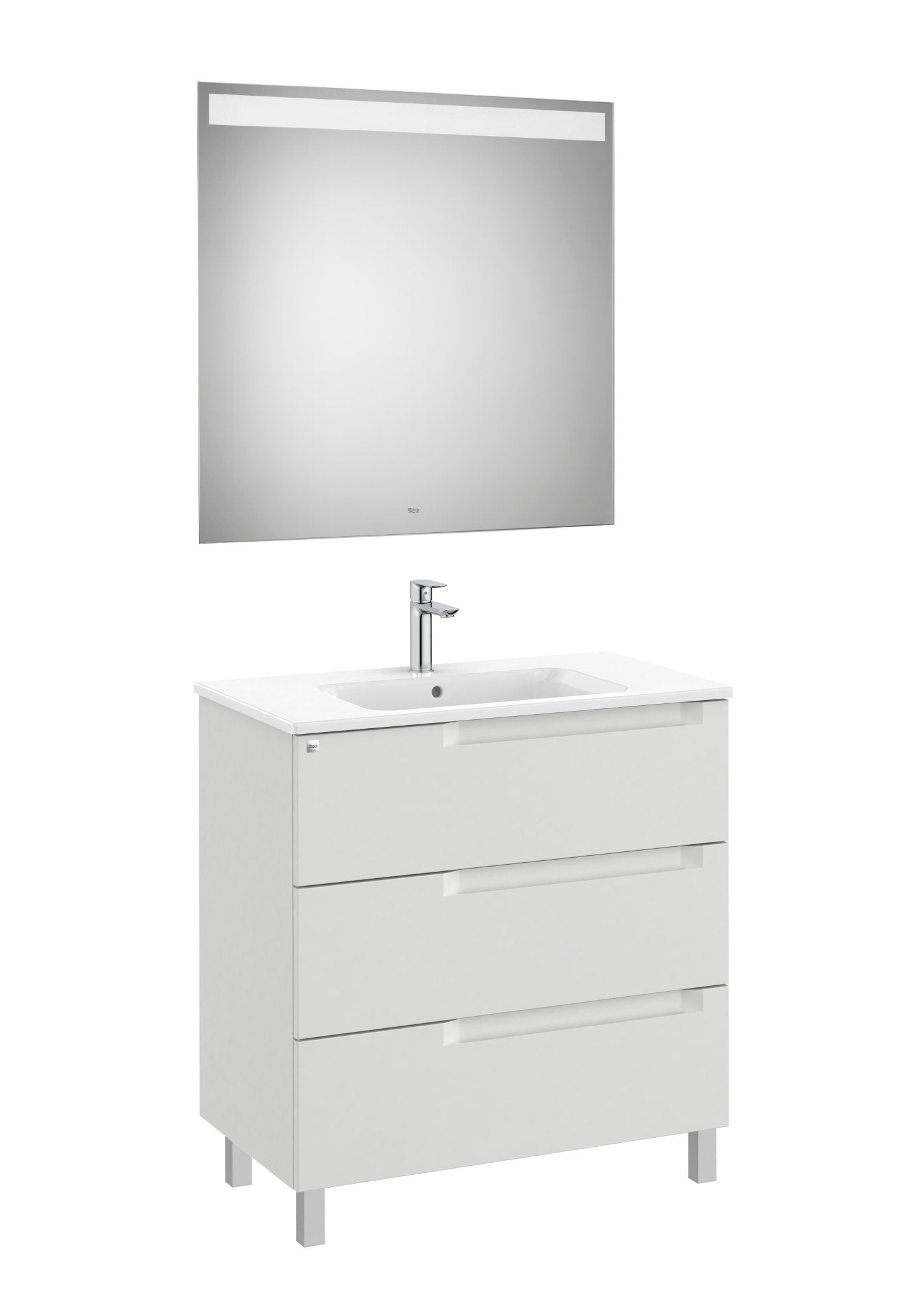 Roca - Mueble base Aleyda Pack de tres cajones con patas, lavabo asimétrico con lavabo a la derecha y espejo con luz LED - BricoandPool