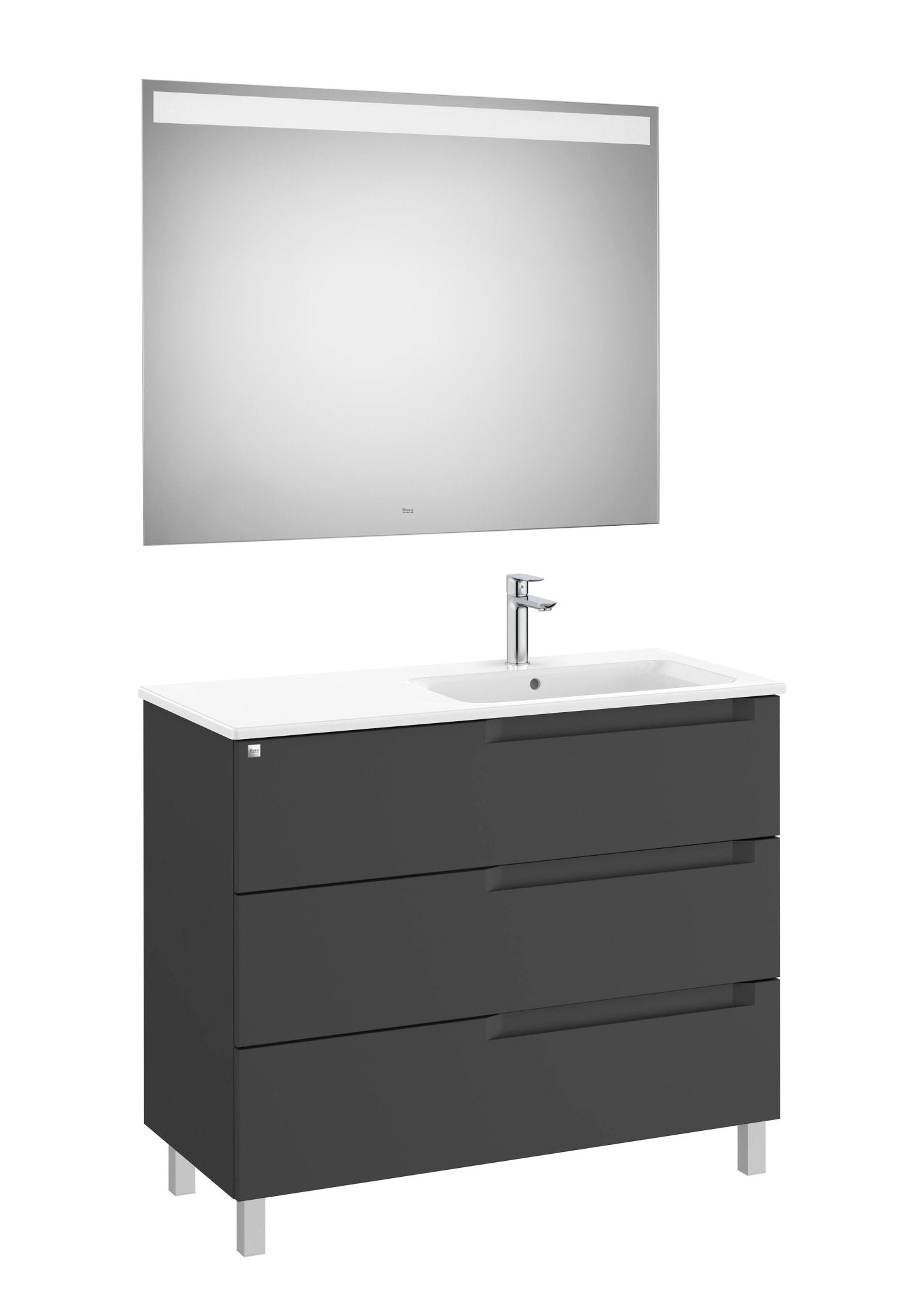 Roca - Mueble base Aleyda Pack de tres cajones con patas, lavabo asimétrico con lavabo a la derecha y espejo con luz LED - BricoandPool