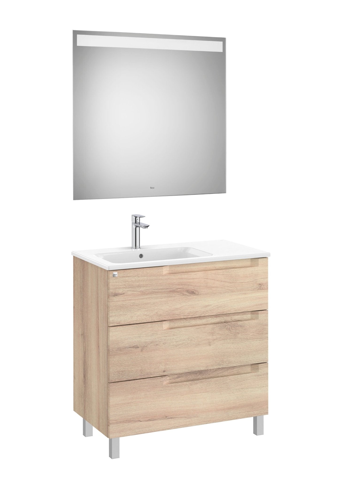 Roca - Mueble base Aleyda Pack de tres cajones con patas, lavabo asimétrico con lavabo a la derecha y espejo con luz LED - BricoandPool