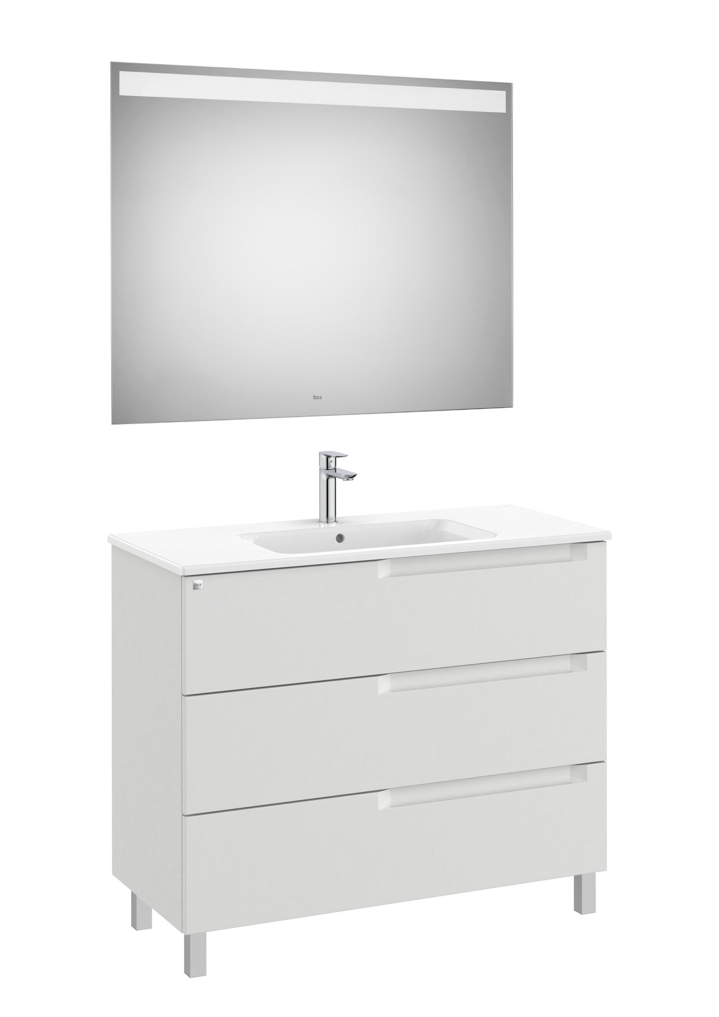 Roca - Mueble base Aleyda Pack de tres cajones con patas, lavabo asimétrico con lavabo a la derecha y espejo con luz LED - BricoandPool