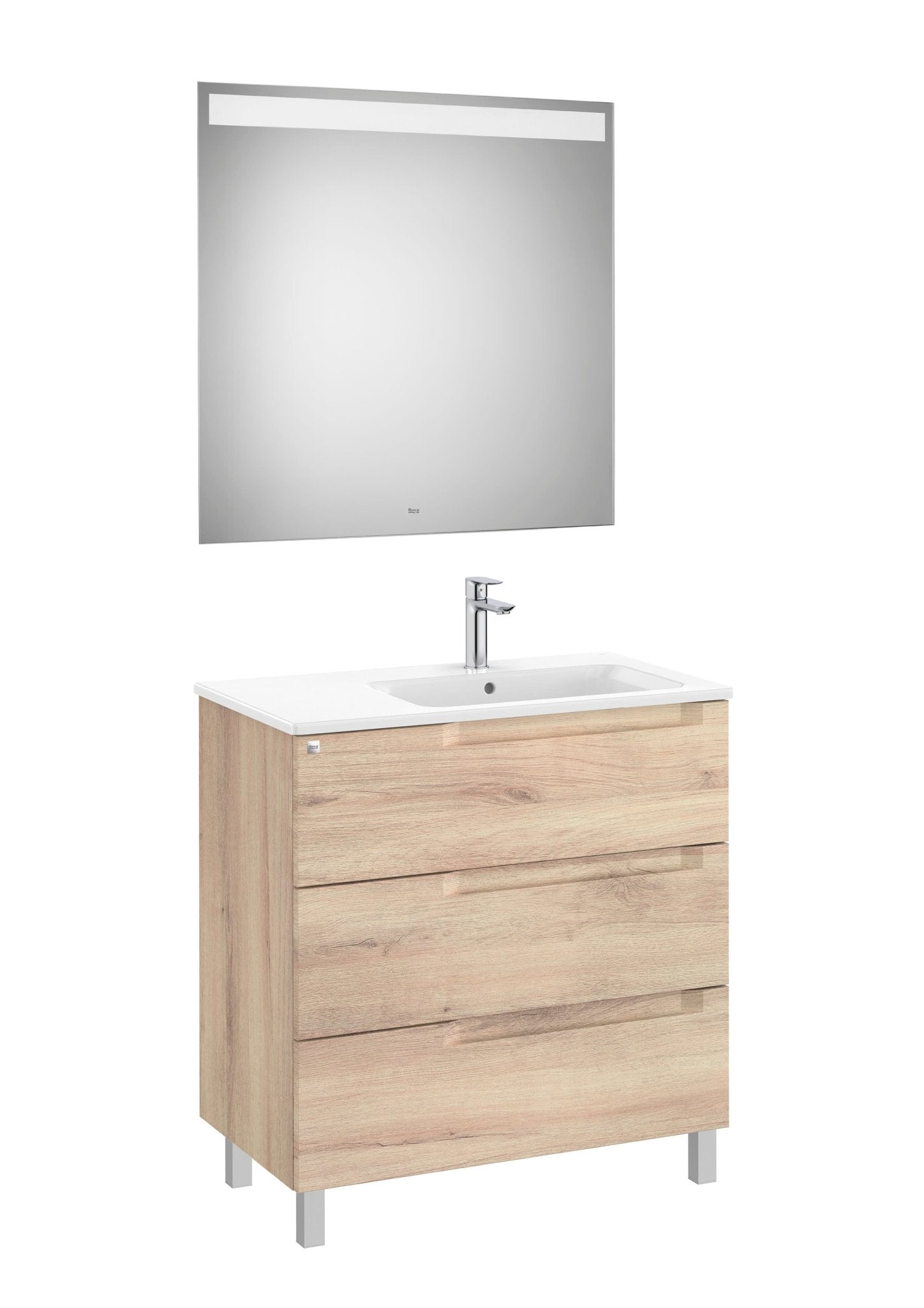 Roca - Mueble base Aleyda Pack de tres cajones con patas, lavabo asimétrico con lavabo a la derecha y espejo con luz LED - BricoandPool
