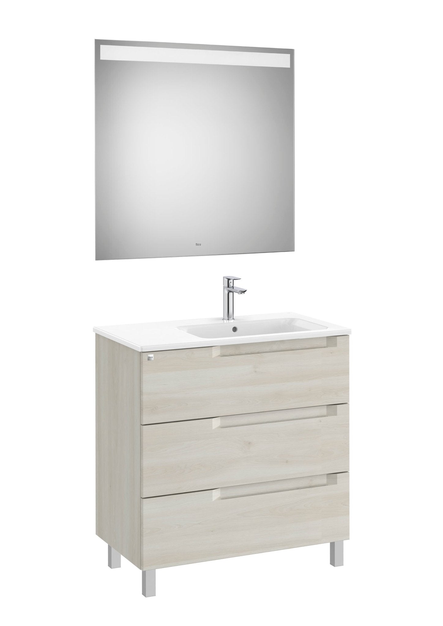 Roca - Mueble base Aleyda Pack de tres cajones con patas, lavabo asimétrico con lavabo a la derecha y espejo con luz LED - BricoandPool
