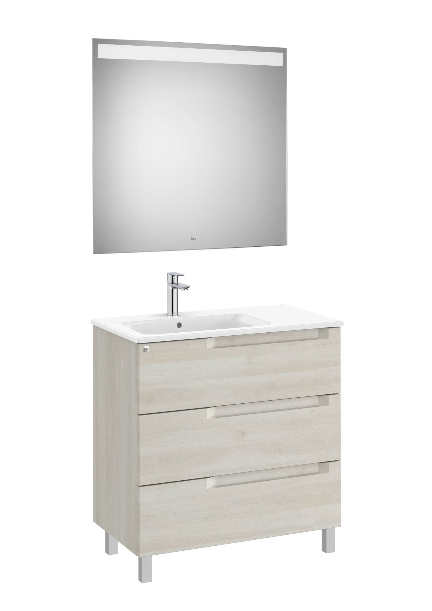 Roca - Mueble base Aleyda Pack de tres cajones con patas, lavabo asimétrico con lavabo a la derecha y espejo con luz LED - BricoandPool