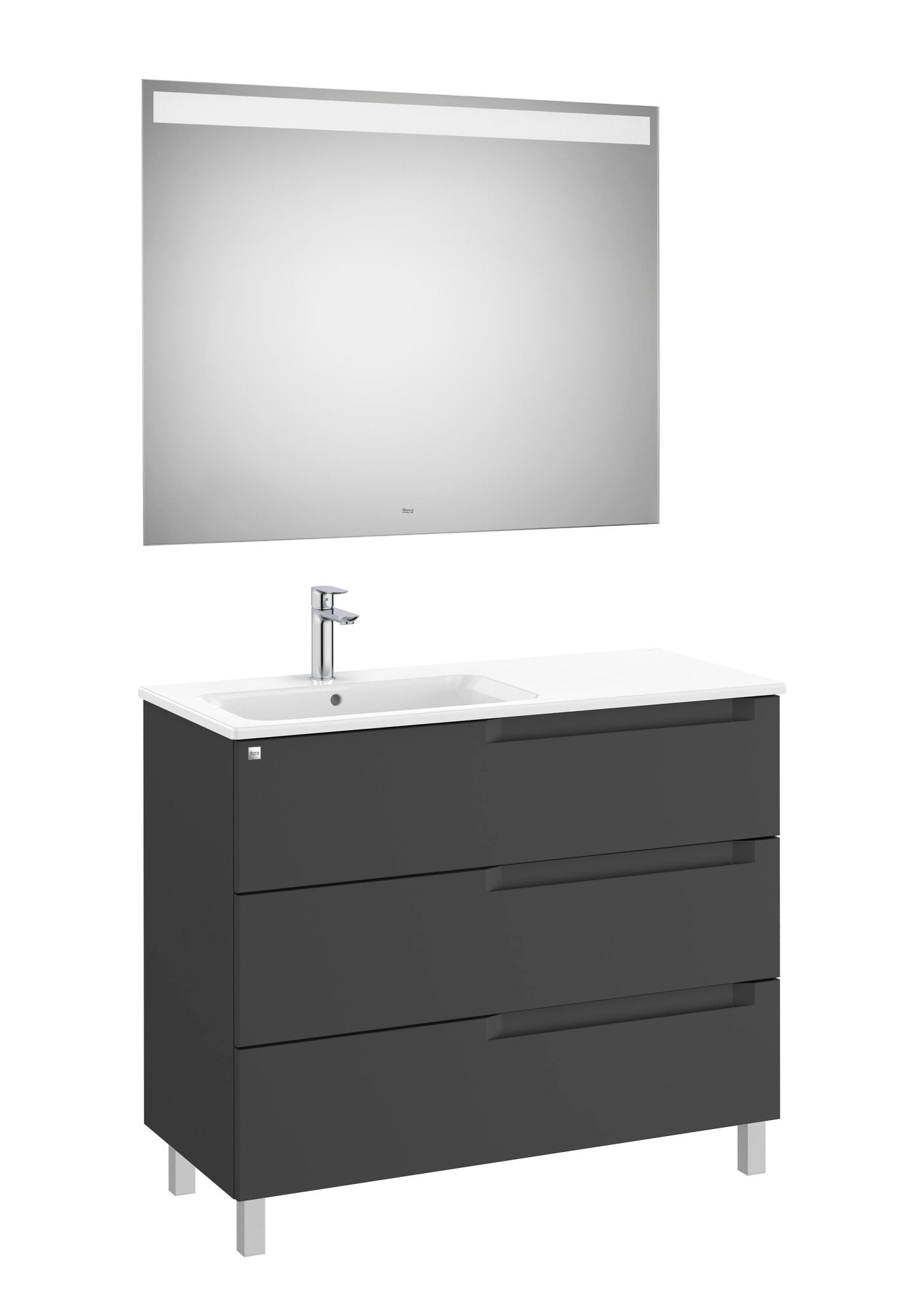 Roca - Mueble base Aleyda Pack de tres cajones con patas, lavabo asimétrico con lavabo a la derecha y espejo con luz LED - BricoandPool