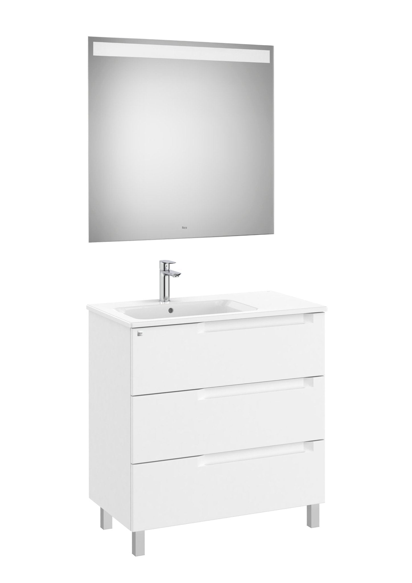 Roca - Mueble base Aleyda Pack de tres cajones con patas, lavabo asimétrico con lavabo a la derecha y espejo con luz LED - BricoandPool