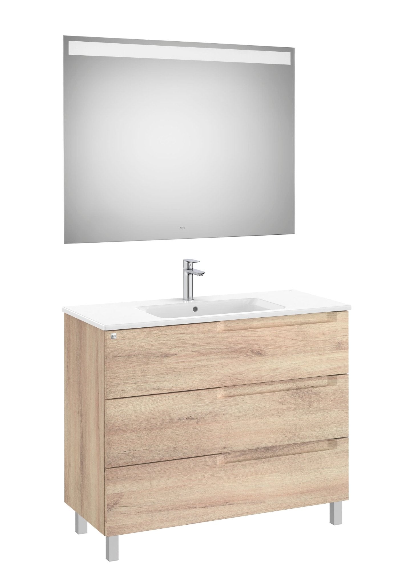 Roca - Mueble base Aleyda Pack de tres cajones con patas, lavabo asimétrico con lavabo a la derecha y espejo con luz LED - BricoandPool