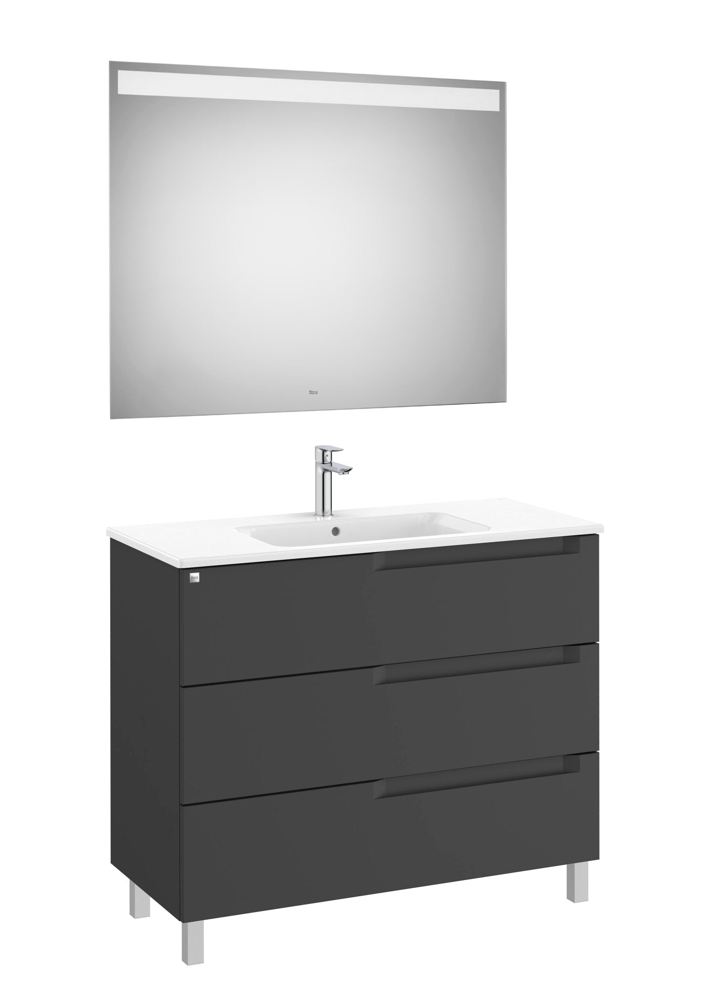 Roca - Mueble base Aleyda Pack de tres cajones con patas, lavabo asimétrico con lavabo a la derecha y espejo con luz LED - BricoandPool