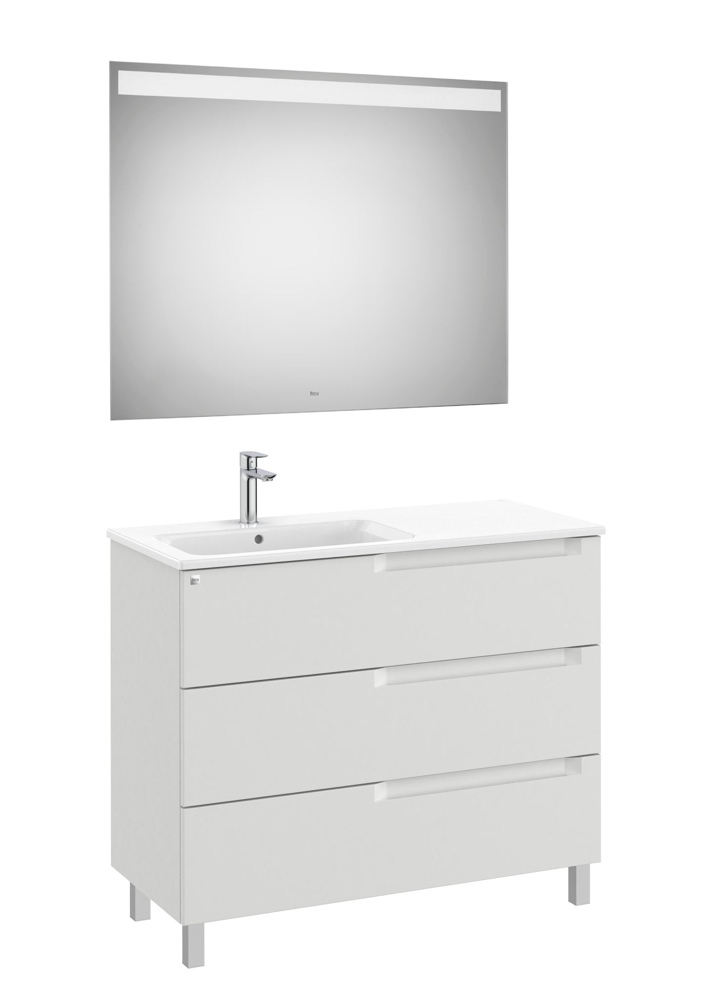 Roca - Mueble base Aleyda Pack de tres cajones con patas, lavabo asimétrico con lavabo a la derecha y espejo con luz LED - BricoandPool