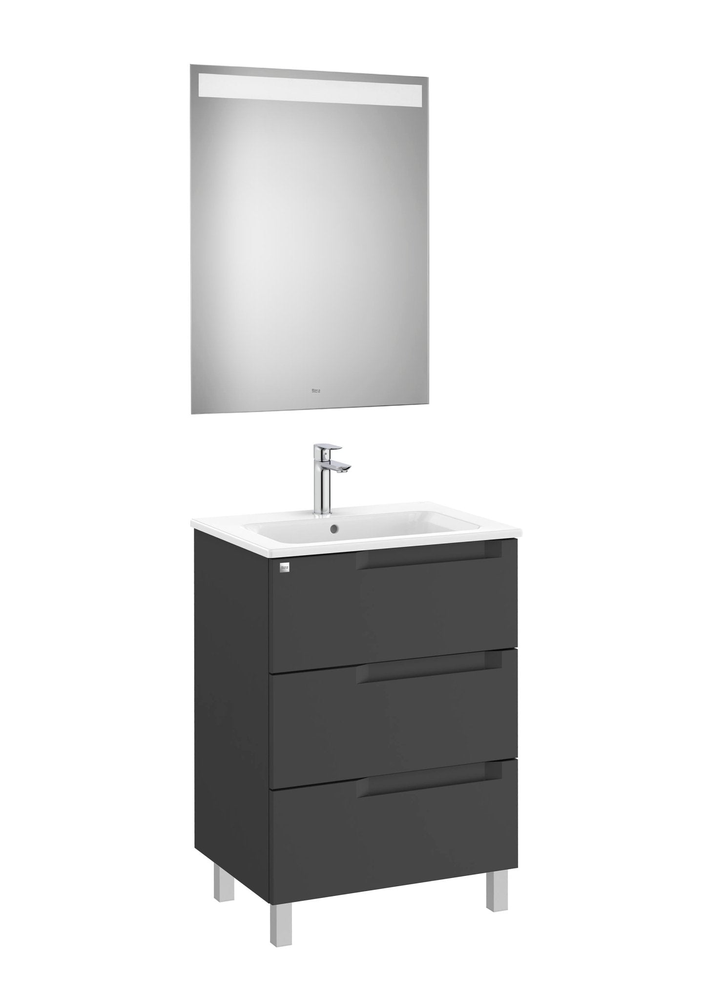 Roca - Mueble base Aleyda Pack de tres cajones, lavabo centrado y espejo con luz LED - BricoandPool