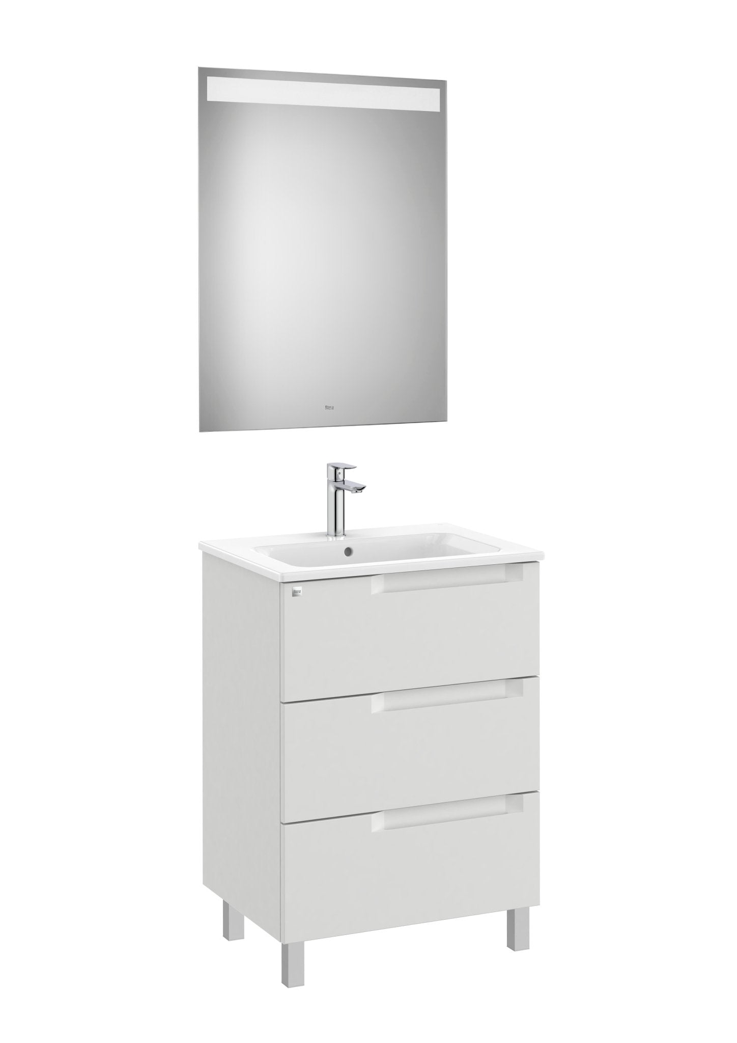 Roca - Mueble base Aleyda Pack de tres cajones, lavabo centrado y espejo con luz LED - BricoandPool