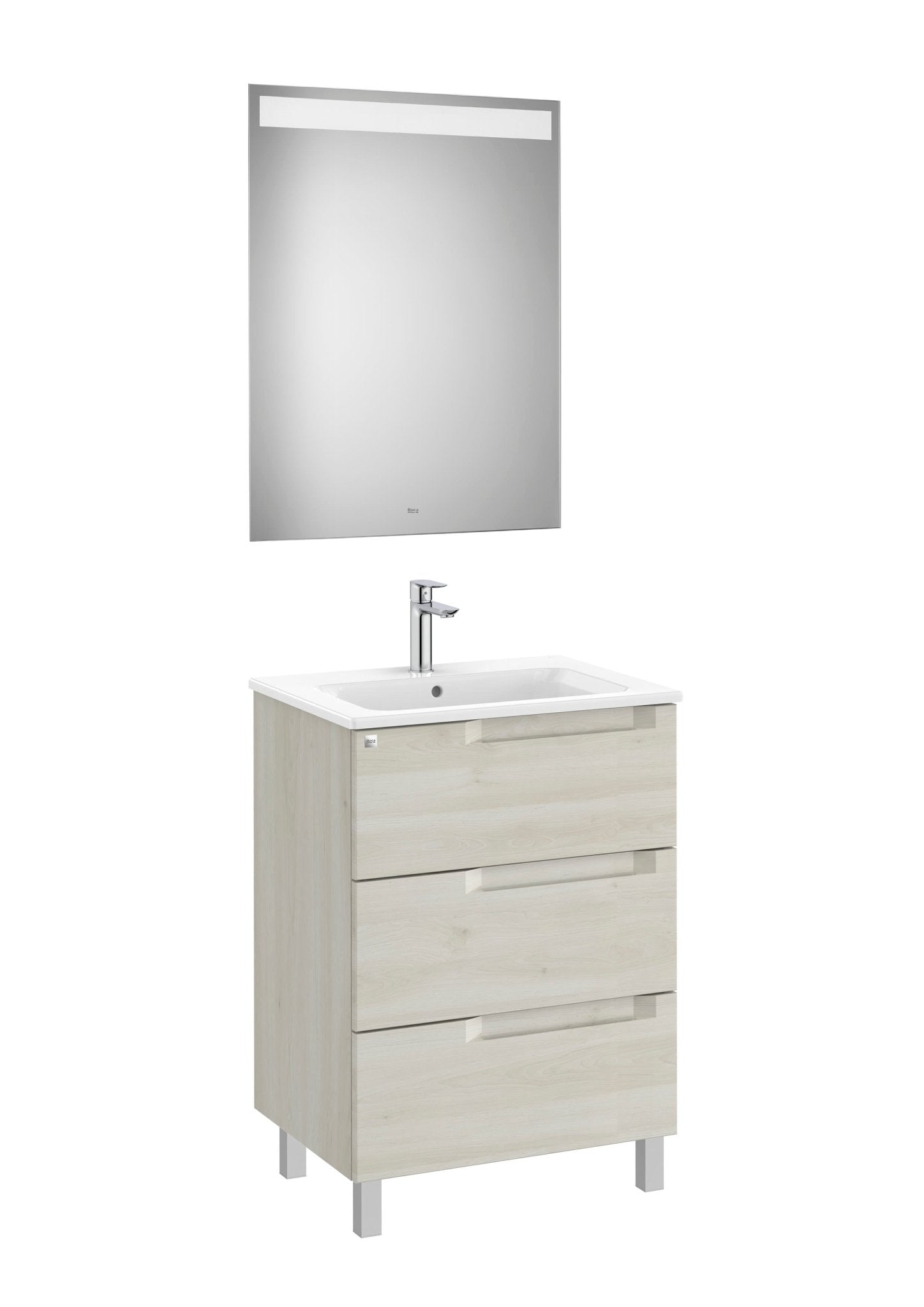 Roca - Mueble base Aleyda Pack de tres cajones, lavabo centrado y espejo con luz LED - BricoandPool
