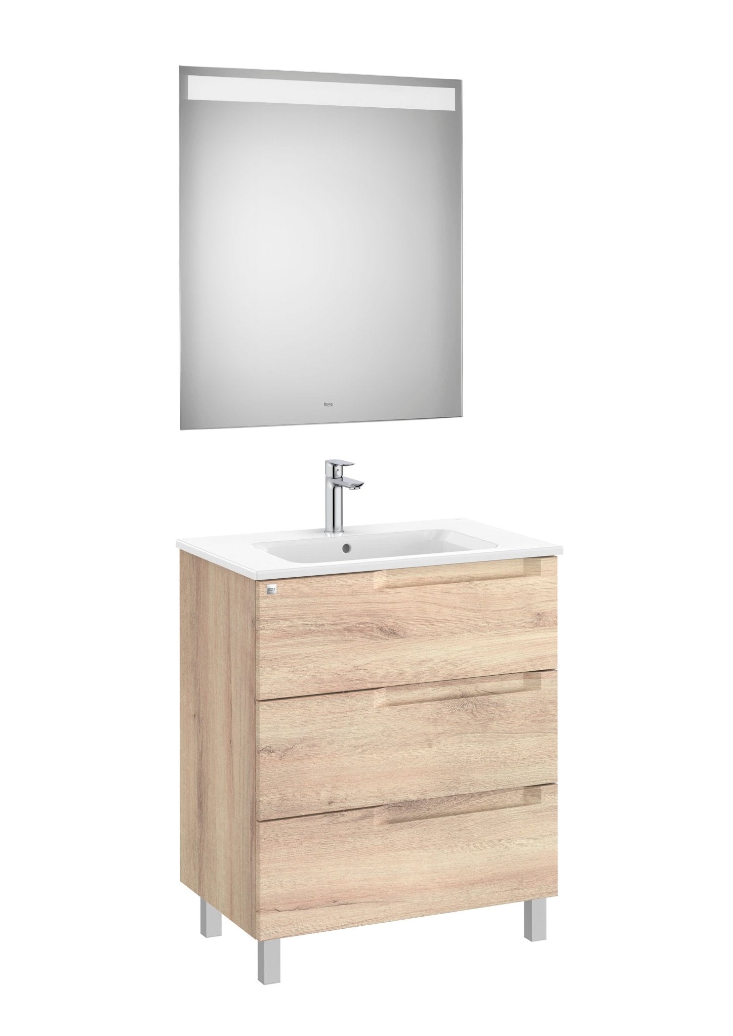 Roca - Mueble base Aleyda Pack de tres cajones, lavabo centrado y espejo con luz LED - BricoandPool