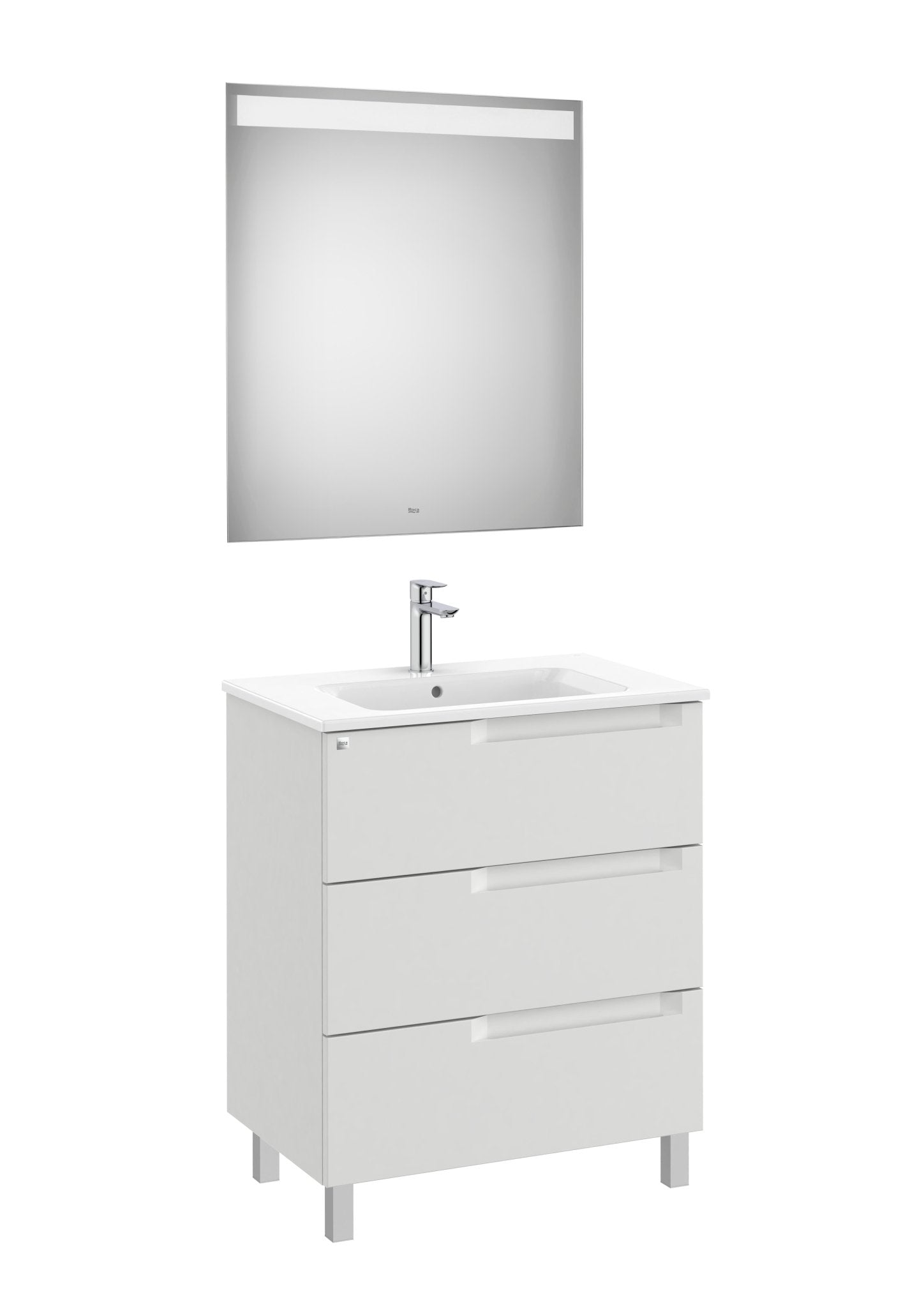 Roca - Mueble base Aleyda Pack de tres cajones, lavabo centrado y espejo con luz LED - BricoandPool