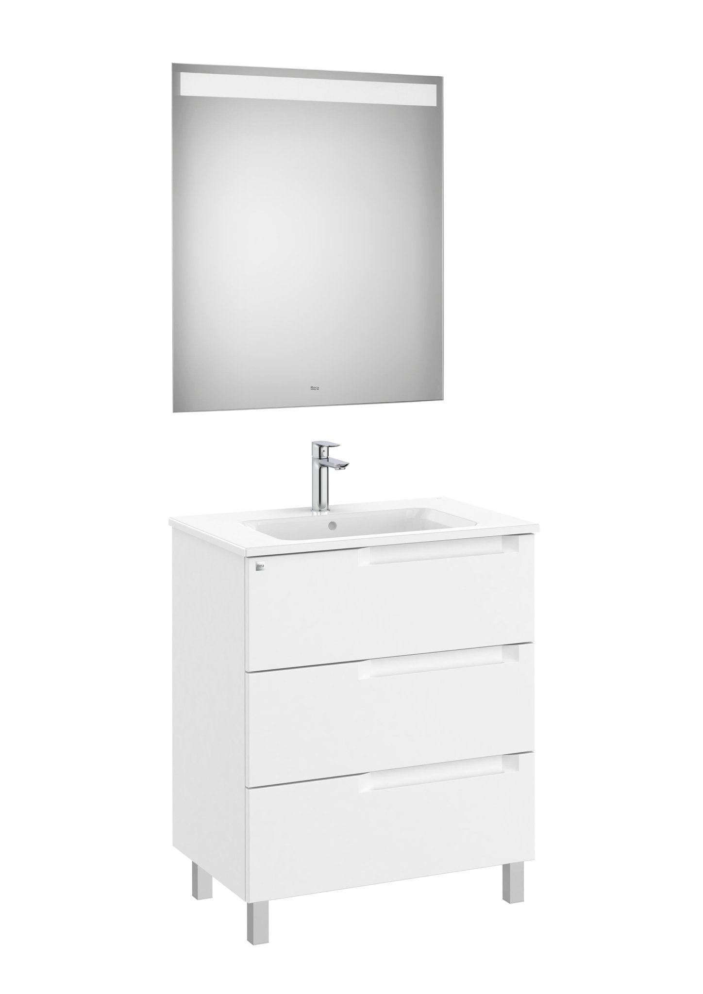 Roca - Mueble base Aleyda Pack de tres cajones, lavabo centrado y espejo con luz LED - BricoandPool