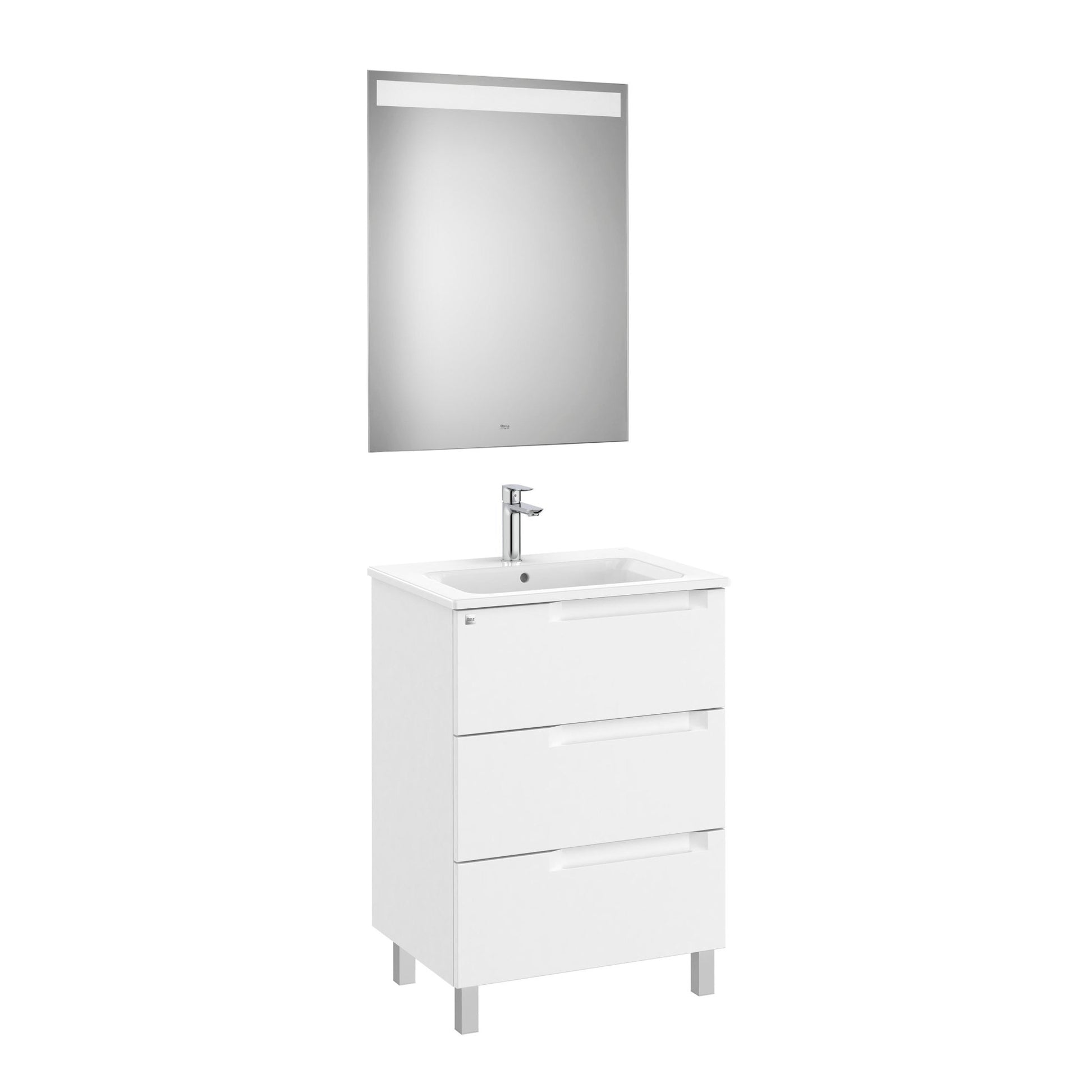 Roca - Mueble base Aleyda Pack de tres cajones, lavabo centrado y espejo con luz LED - BricoandPool