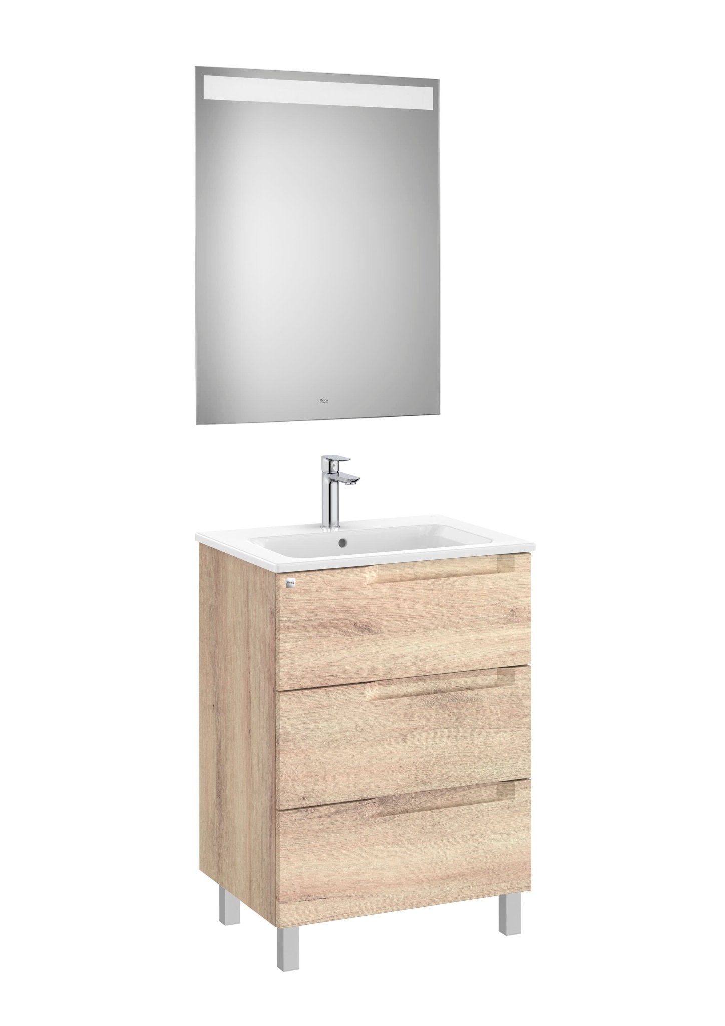 Roca - Mueble base Aleyda Pack de tres cajones, lavabo centrado y espejo con luz LED - BricoandPool