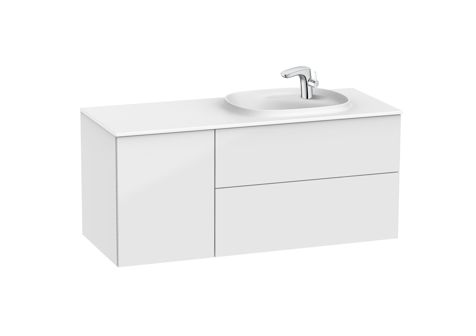 Roca - Mueble base Beyond Unik asimétrico de dos cajones, una puerta y lavabo de Surfex® - BricoandPool