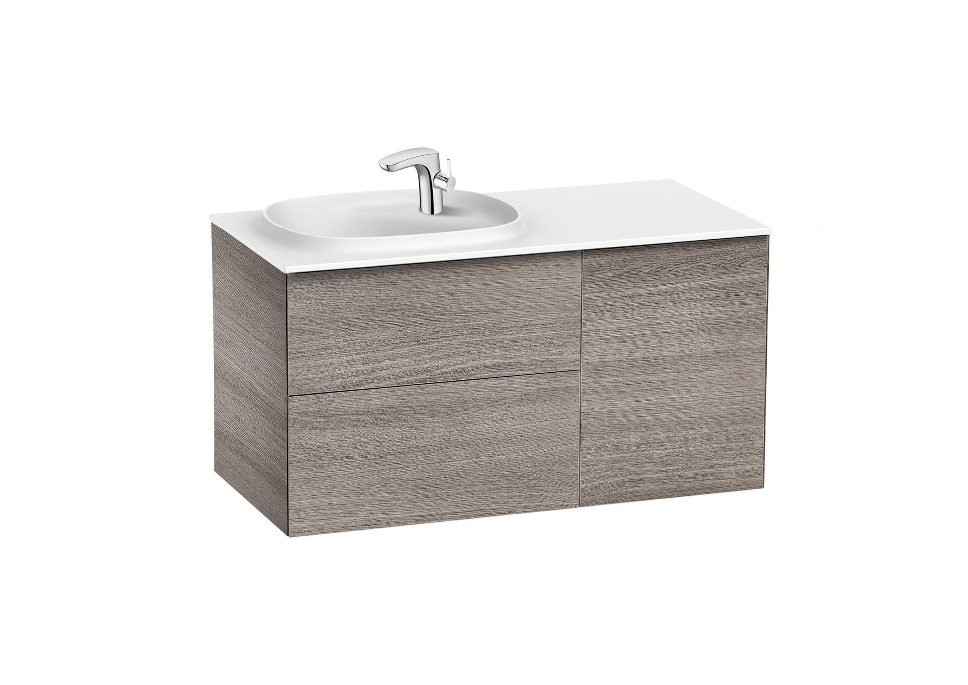 Roca - Mueble base Beyond Unik asimétrico de dos cajones, una puerta y lavabo de Surfex® - BricoandPool
