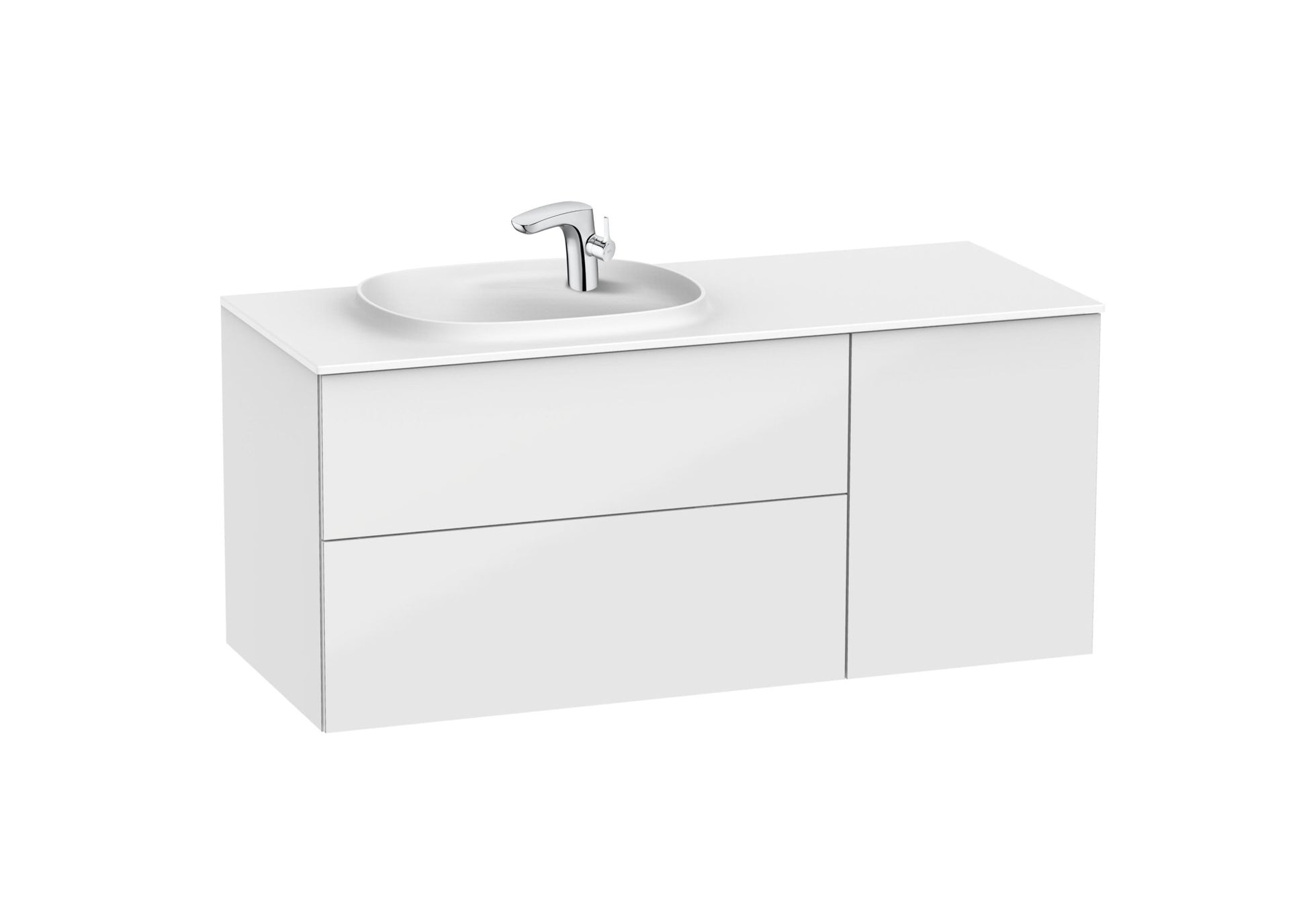 Roca - Mueble base Beyond Unik asimétrico de dos cajones, una puerta y lavabo de Surfex® - BricoandPool