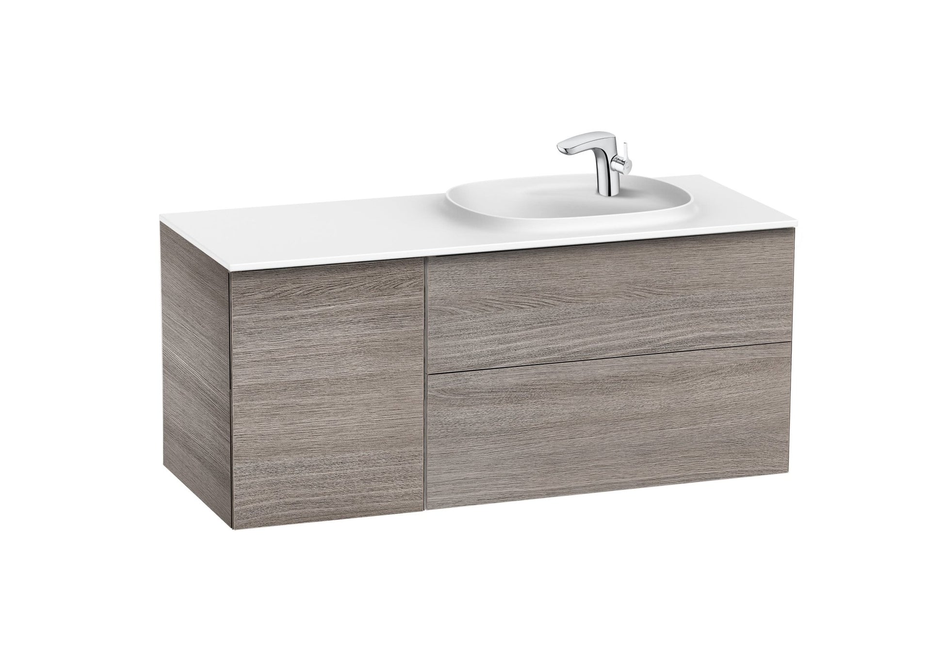 Roca - Mueble base Beyond Unik asimétrico de dos cajones, una puerta y lavabo de Surfex® - BricoandPool