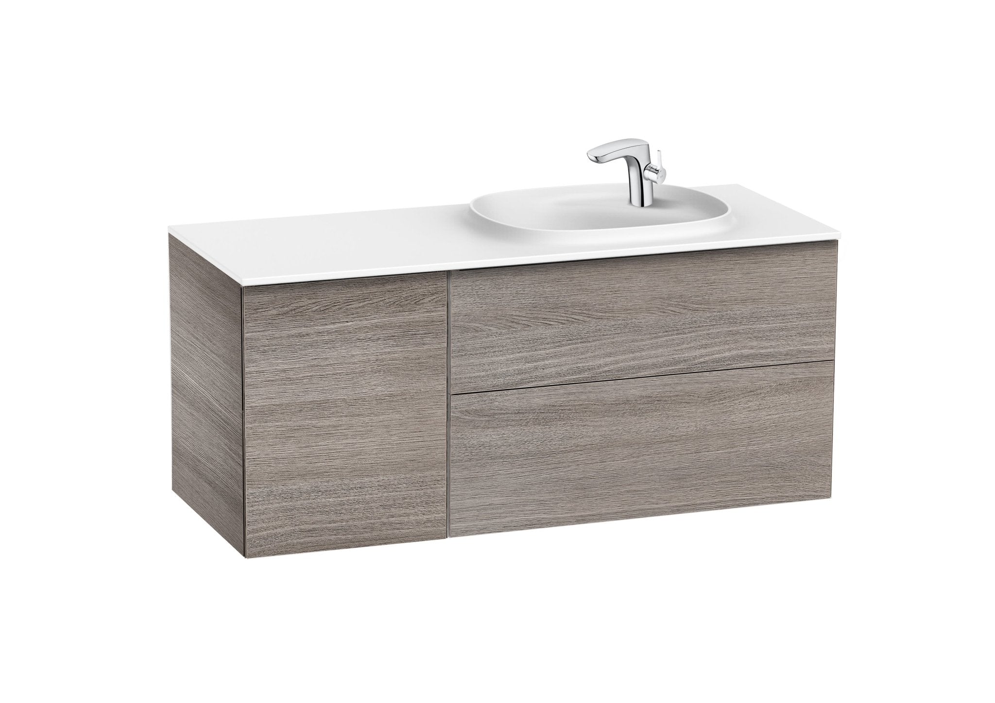 Roca - Mueble base Beyond Unik asimétrico de dos cajones, una puerta y lavabo de Surfex® - BricoandPool