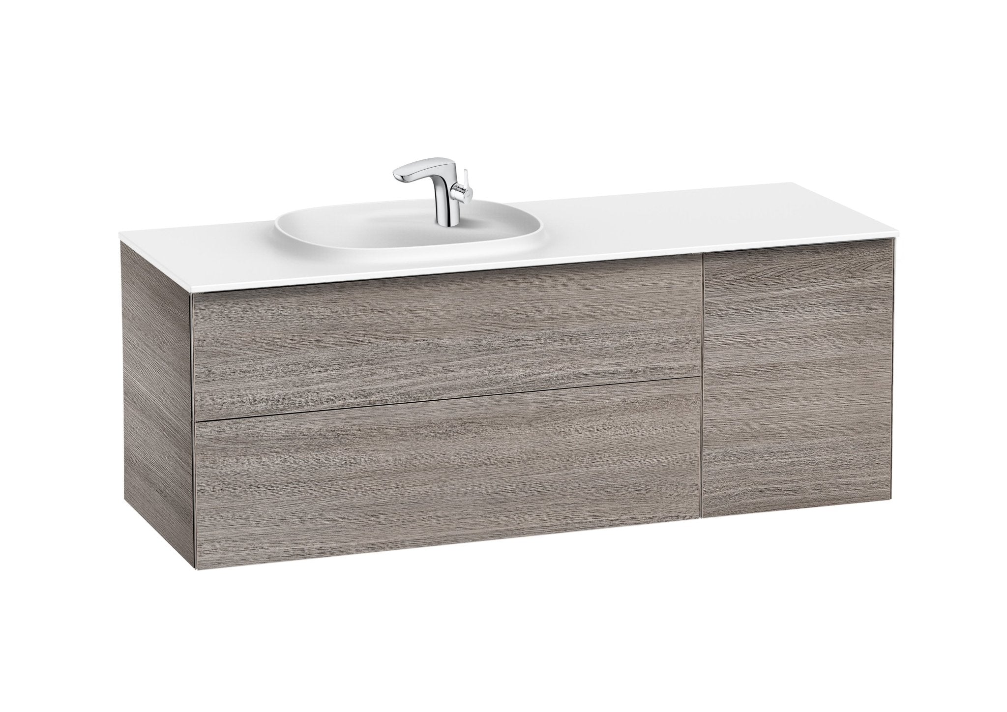 Roca - Mueble base Beyond Unik asimétrico de dos cajones, una puerta y lavabo de Surfex® - BricoandPool