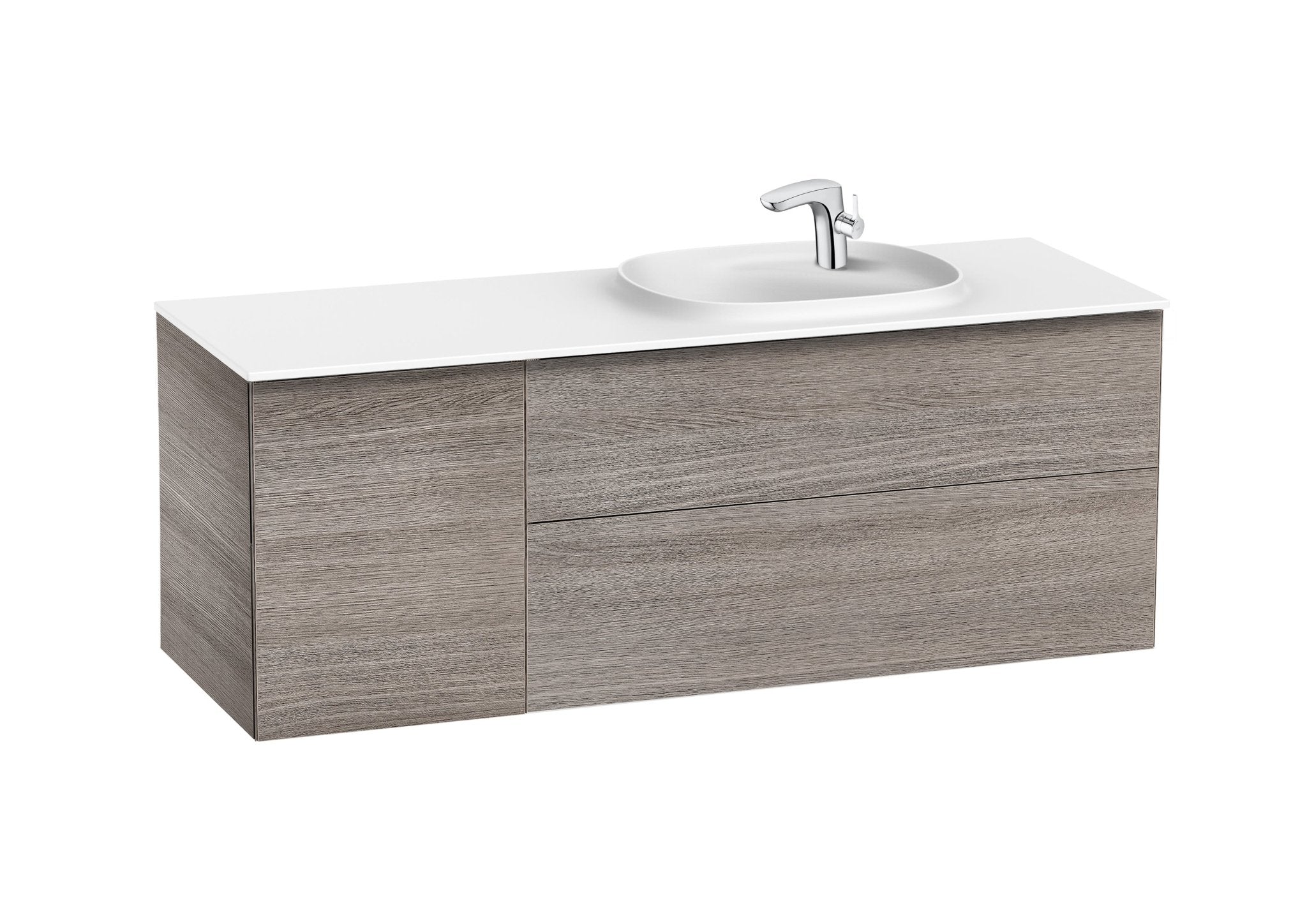 Roca - Mueble base Beyond Unik asimétrico de dos cajones, una puerta y lavabo de Surfex® - BricoandPool