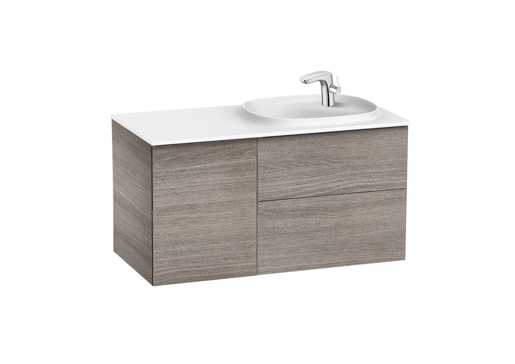 Roca - Mueble base Beyond Unik asimétrico de dos cajones, una puerta y lavabo de Surfex® - BricoandPool