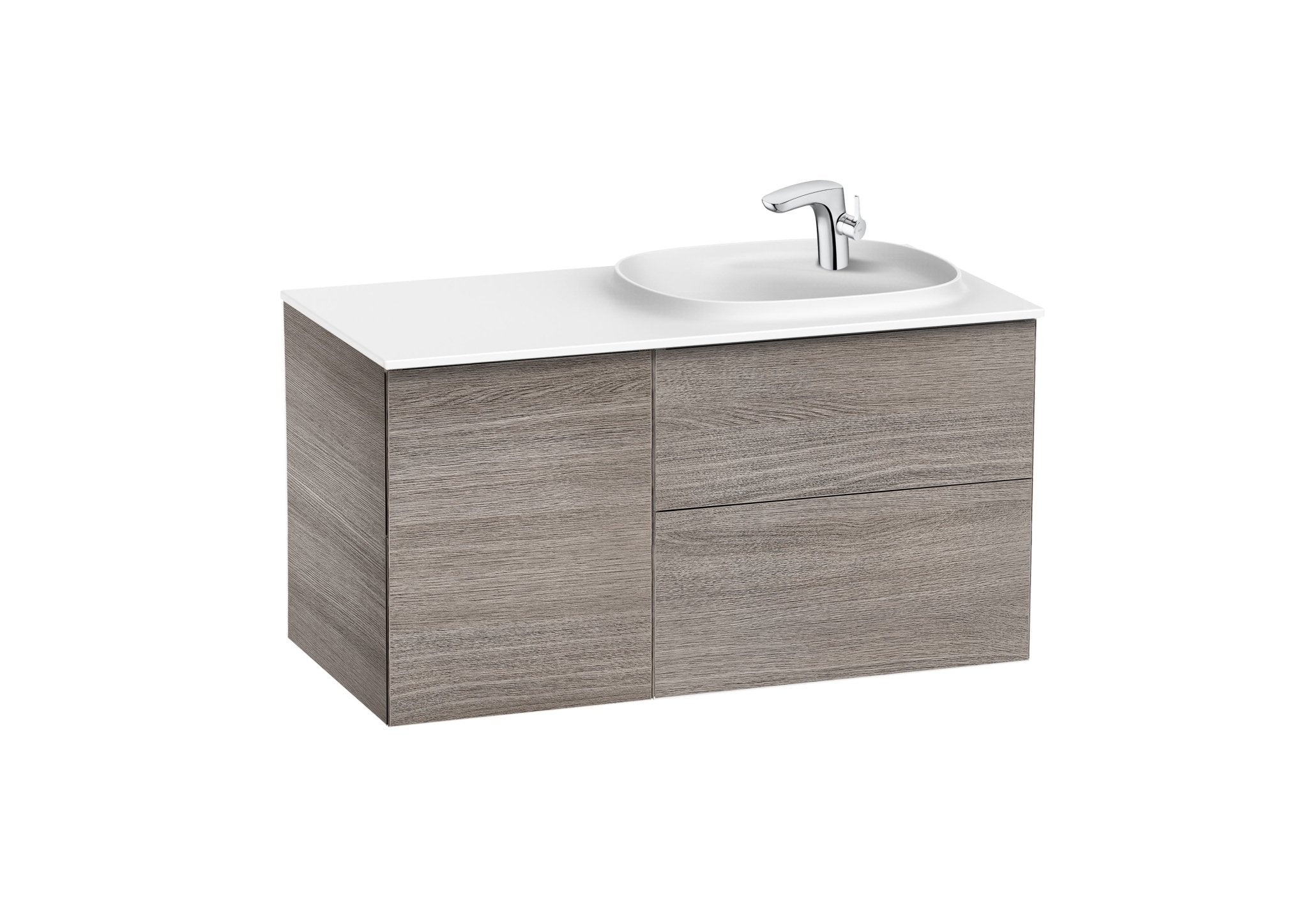 Roca - Mueble base Beyond Unik asimétrico de dos cajones, una puerta y lavabo de Surfex® - BricoandPool