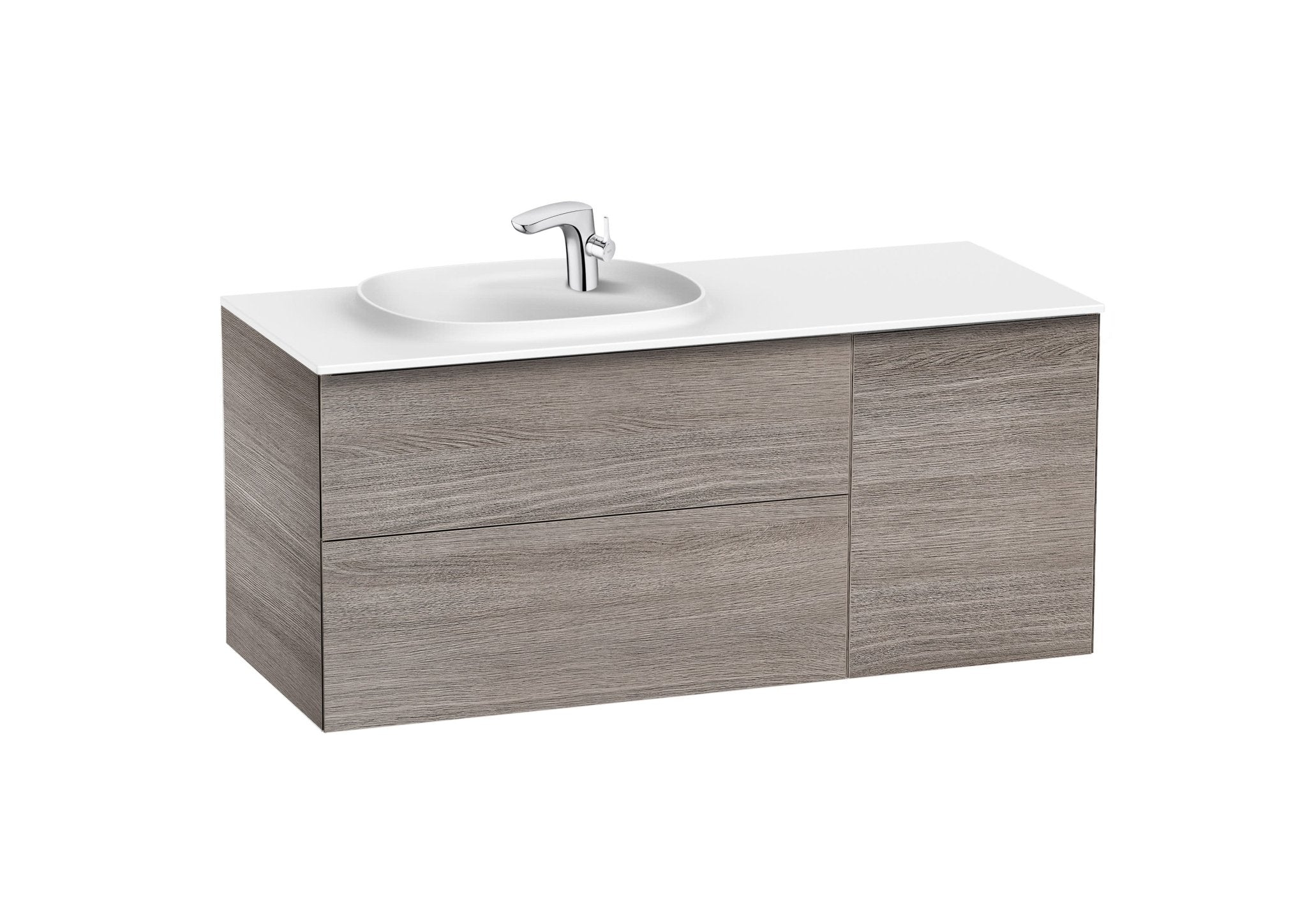 Roca - Mueble base Beyond Unik asimétrico de dos cajones, una puerta y lavabo de Surfex® - BricoandPool