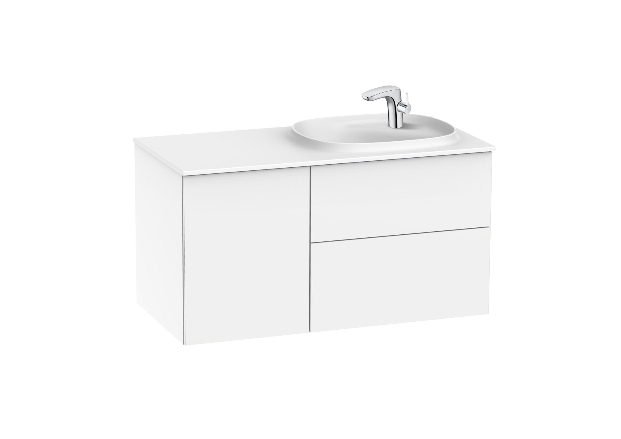 Roca - Mueble base Beyond Unik asimétrico de dos cajones, una puerta y lavabo de Surfex® - BricoandPool