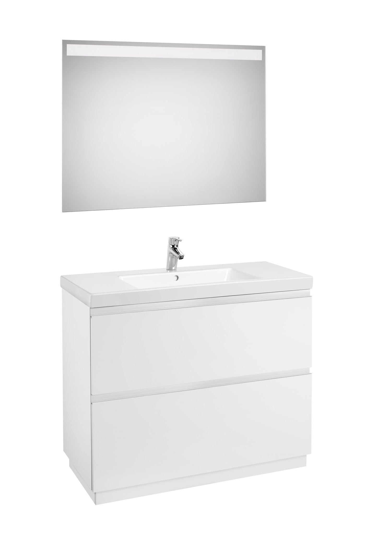 Roca - Mueble base Lander Pack a suelo de dos cajones, zócalo, lavabo y espejo LED - BricoandPool