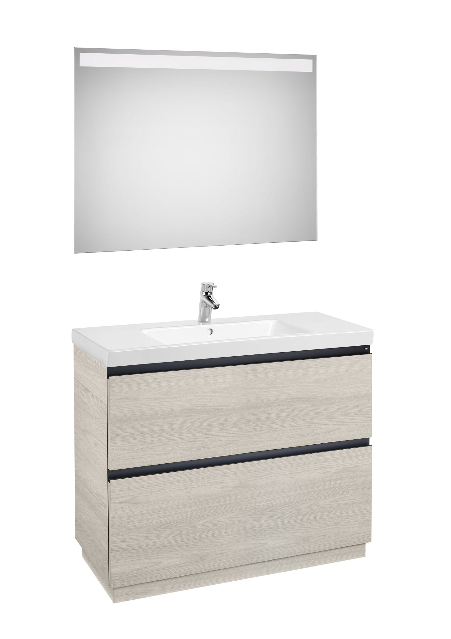 Roca - Mueble base Lander Pack a suelo de dos cajones, zócalo, lavabo y espejo LED - BricoandPool