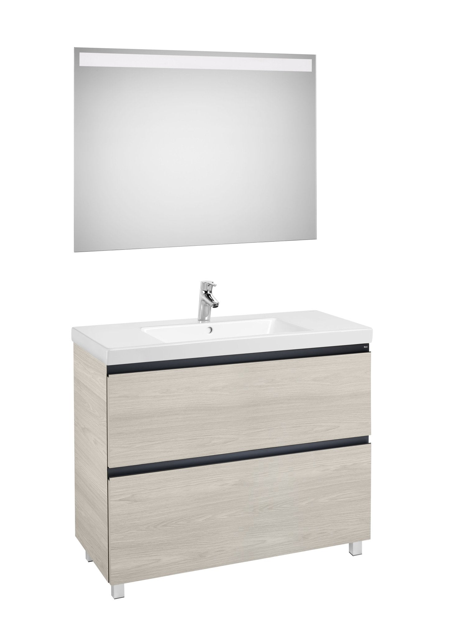 Roca - Mueble base Lander Pack a suelo de dos cajones, zócalo, lavabo y espejo LED - BricoandPool