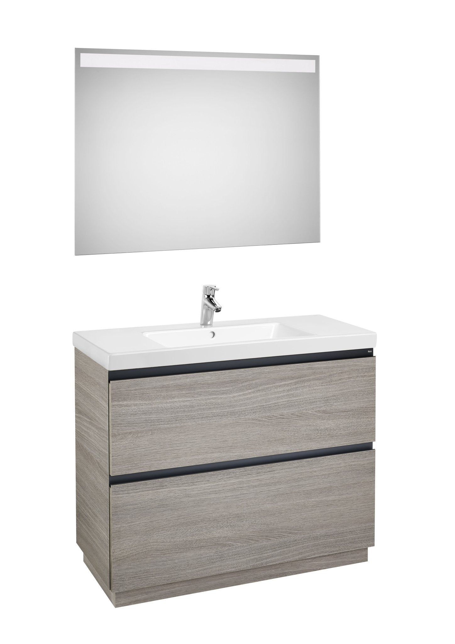 Roca - Mueble base Lander Pack a suelo de dos cajones, zócalo, lavabo y espejo LED - BricoandPool