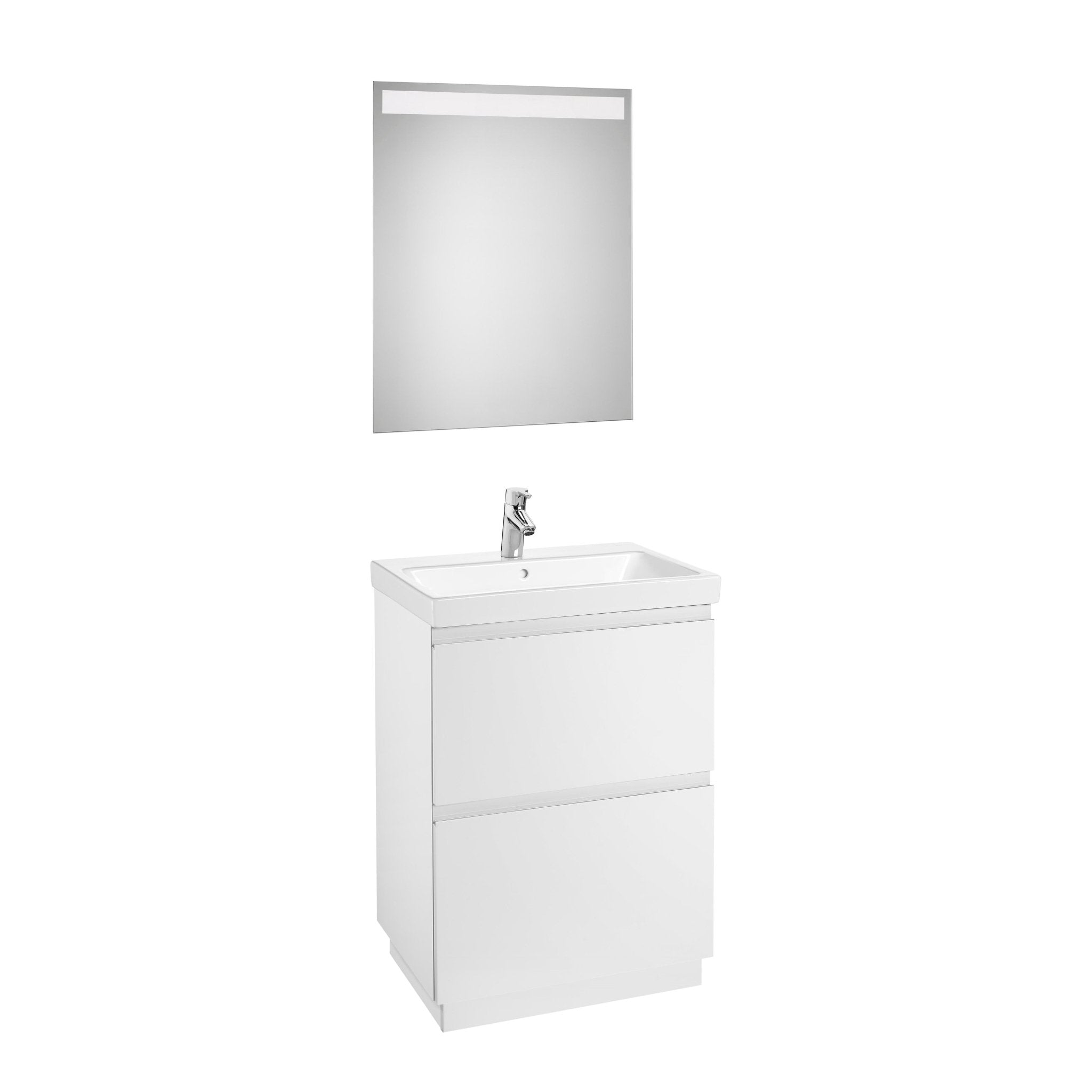 Roca - Mueble base Lander Pack a suelo de dos cajones, zócalo, lavabo y espejo LED - BricoandPool