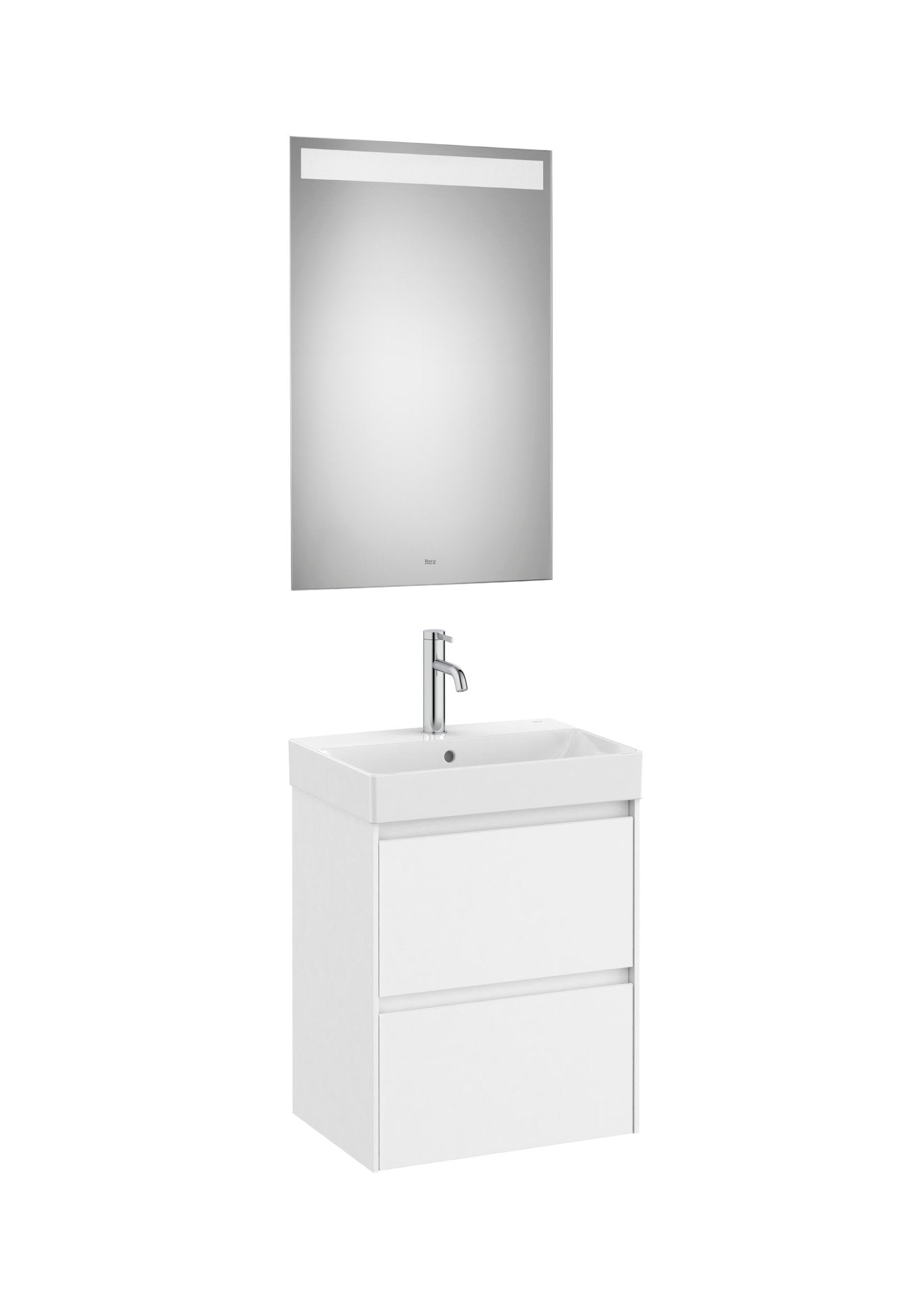 Roca - Mueble base Ona Pack compacto de dos cajones, lavabo de Fineceramic® y espejo LED Eidos - BricoandPool