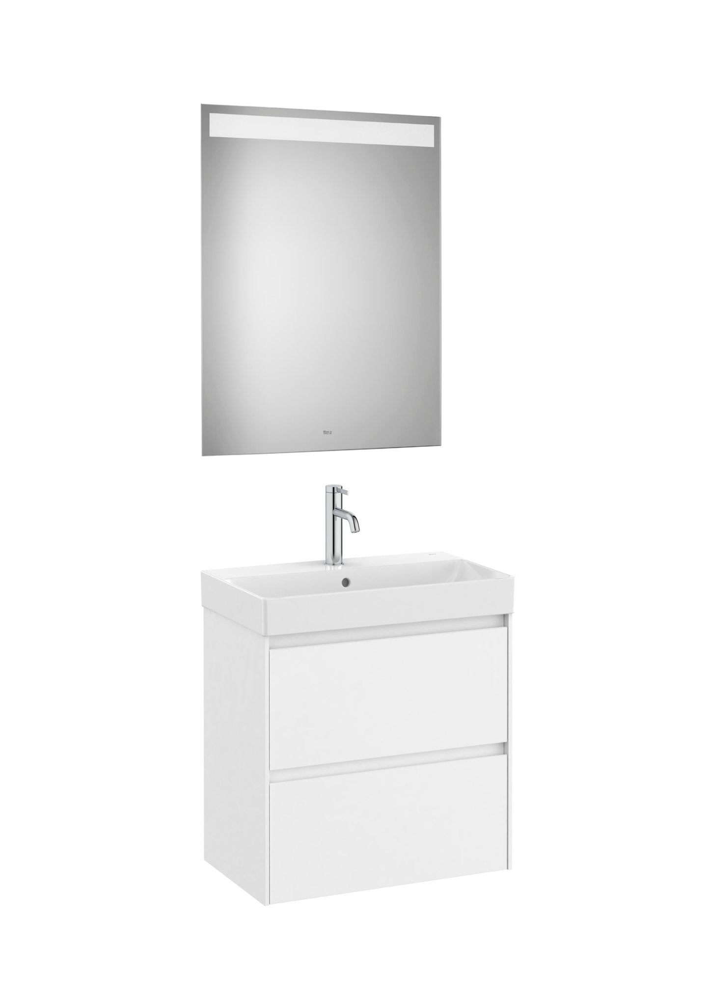 Roca - Mueble base Ona Pack compacto de dos cajones, lavabo de Fineceramic® y espejo LED Eidos - BricoandPool