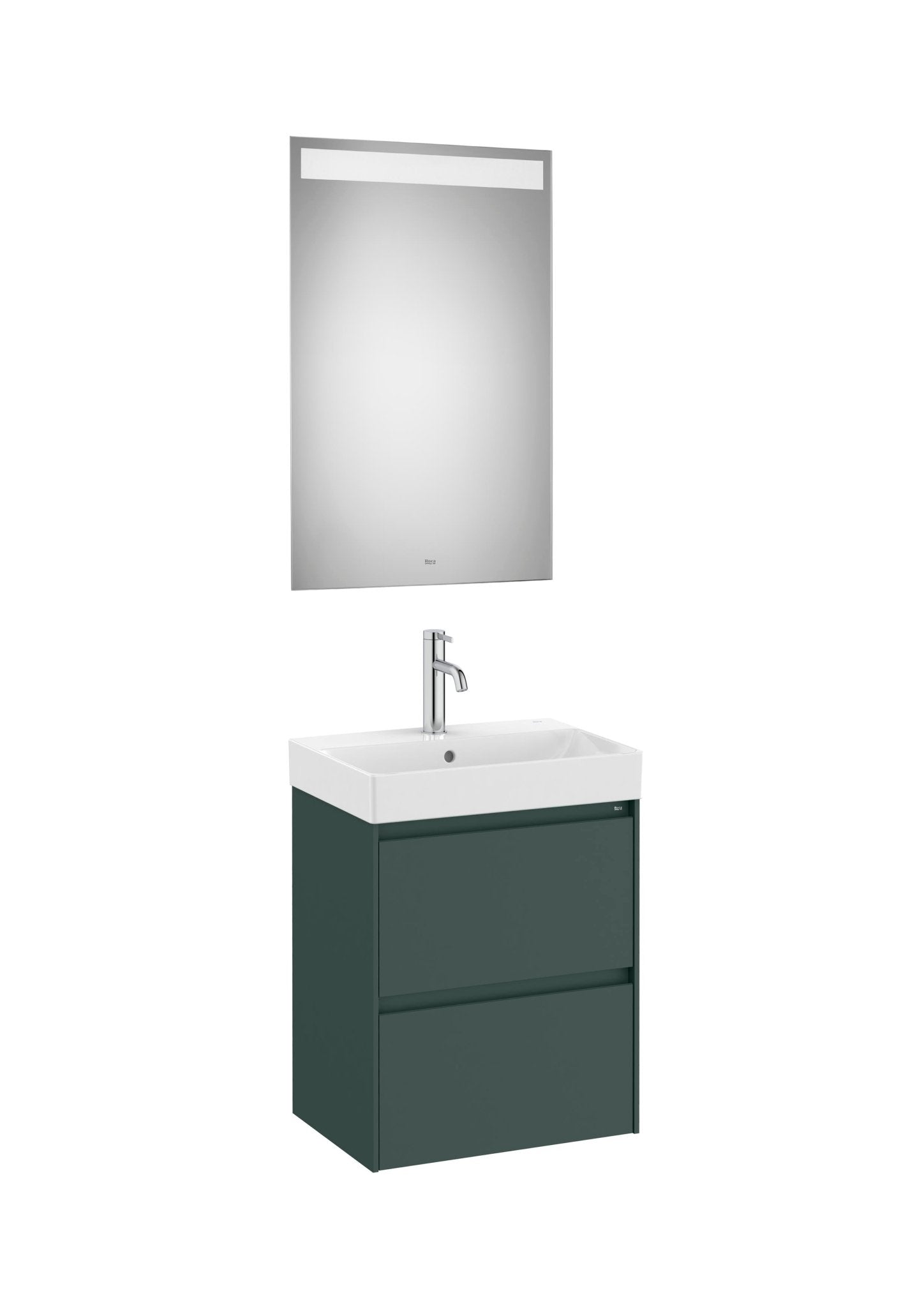 Roca - Mueble base Ona Pack compacto de dos cajones, lavabo de Fineceramic® y espejo LED Eidos - BricoandPool