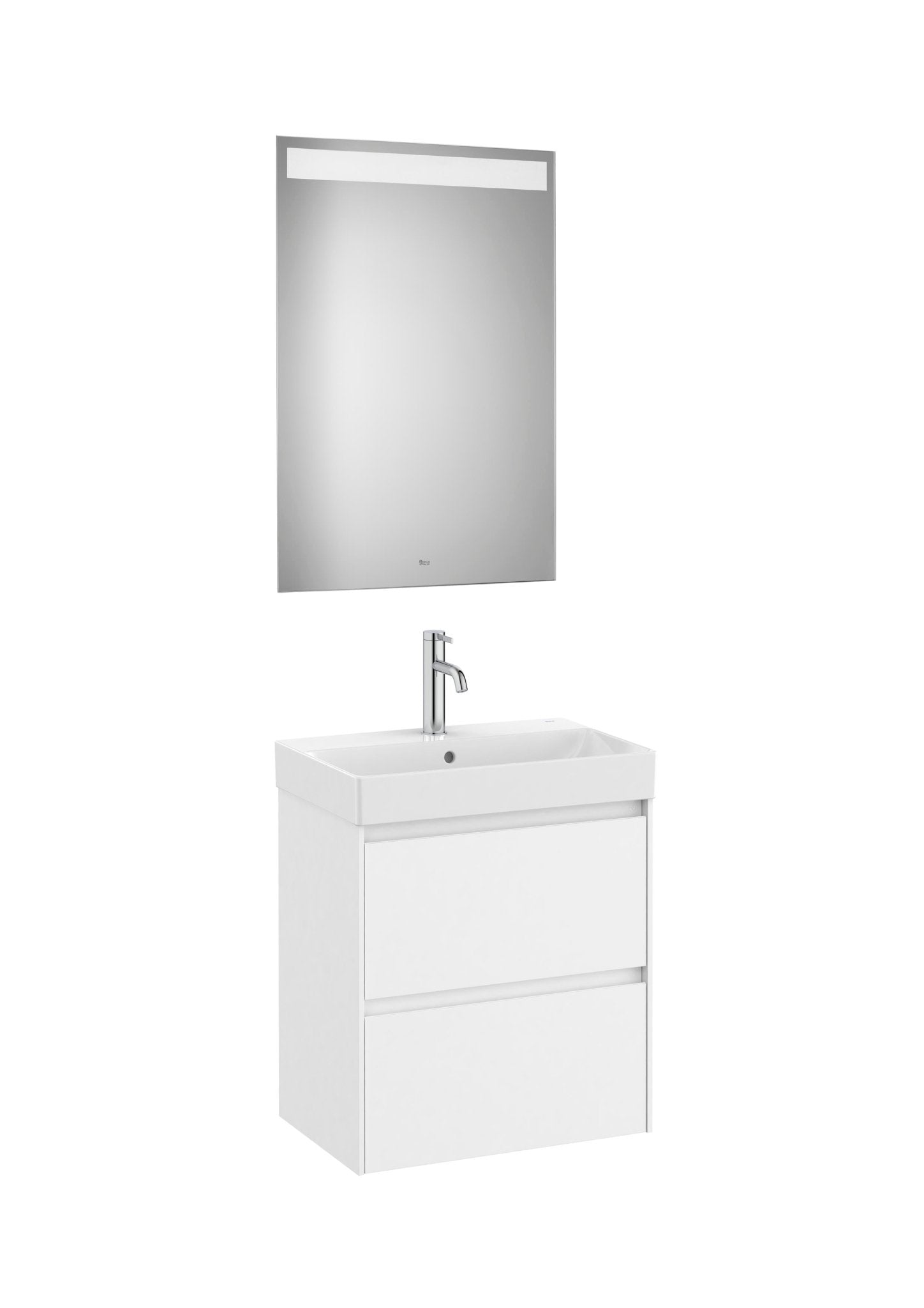 Roca - Mueble base Ona Pack compacto de dos cajones, lavabo de Fineceramic® y espejo LED Eidos - BricoandPool