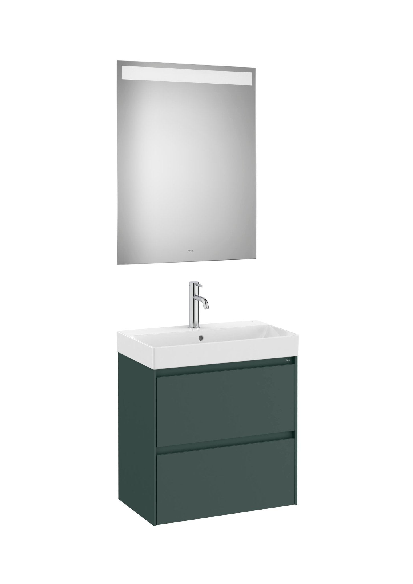 Roca - Mueble base Ona Pack compacto de dos cajones, lavabo de Fineceramic® y espejo LED Eidos - BricoandPool