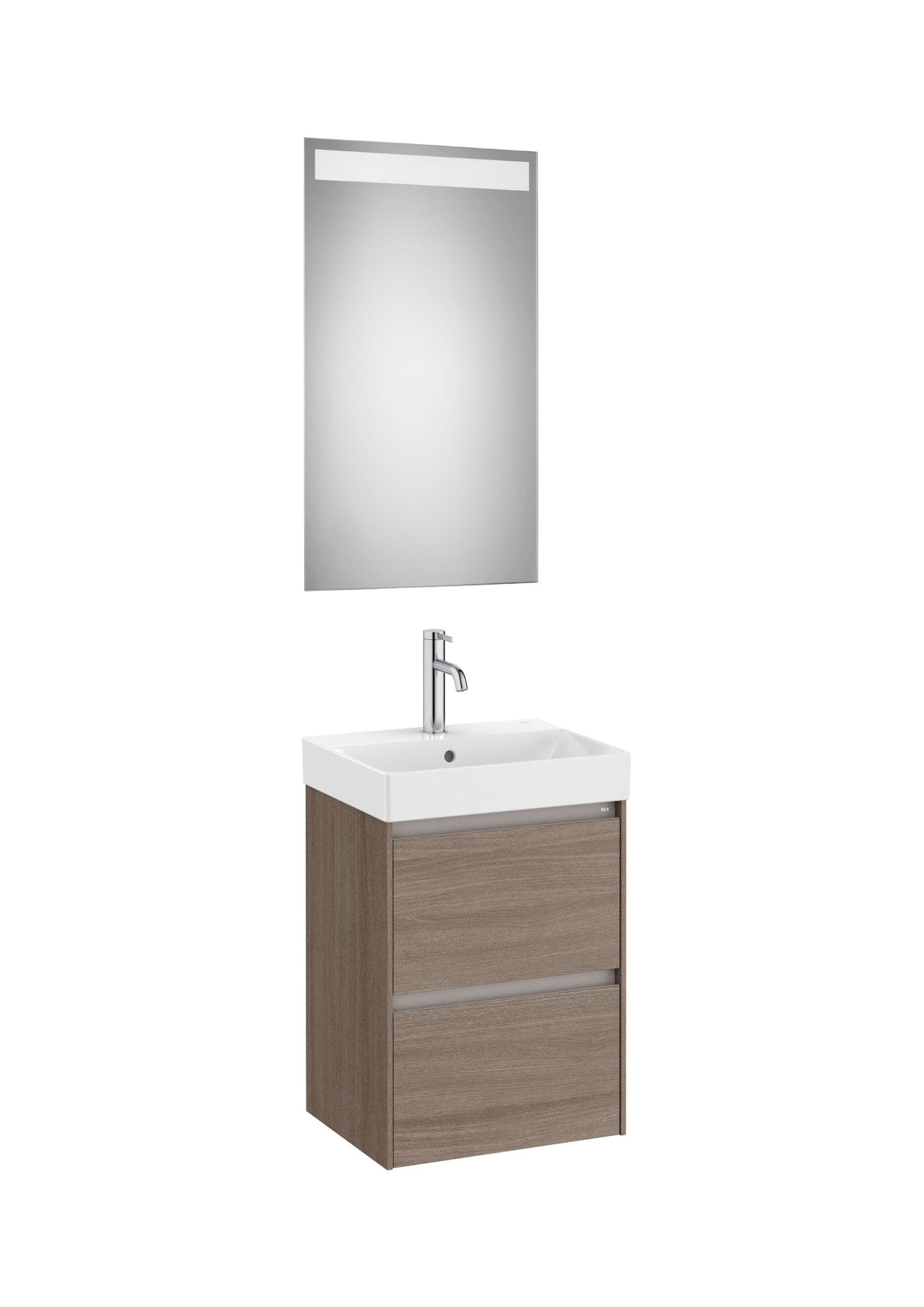 Roca - Mueble base Ona Pack compacto de dos cajones, lavabo de Fineceramic® y espejo LED Eidos - BricoandPool