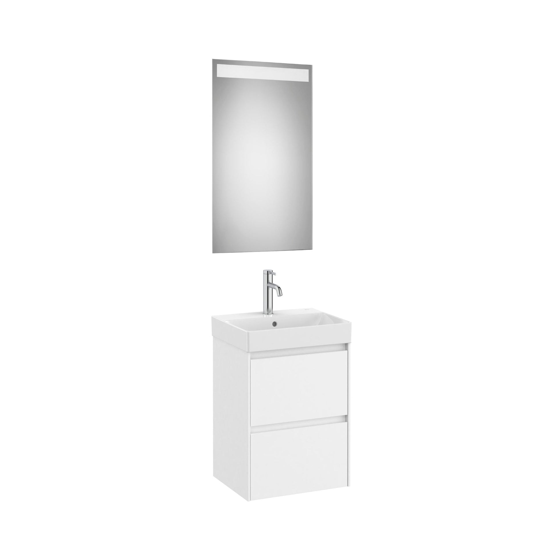 Roca - Mueble base Ona Pack compacto de dos cajones, lavabo de Fineceramic® y espejo LED Eidos - BricoandPool