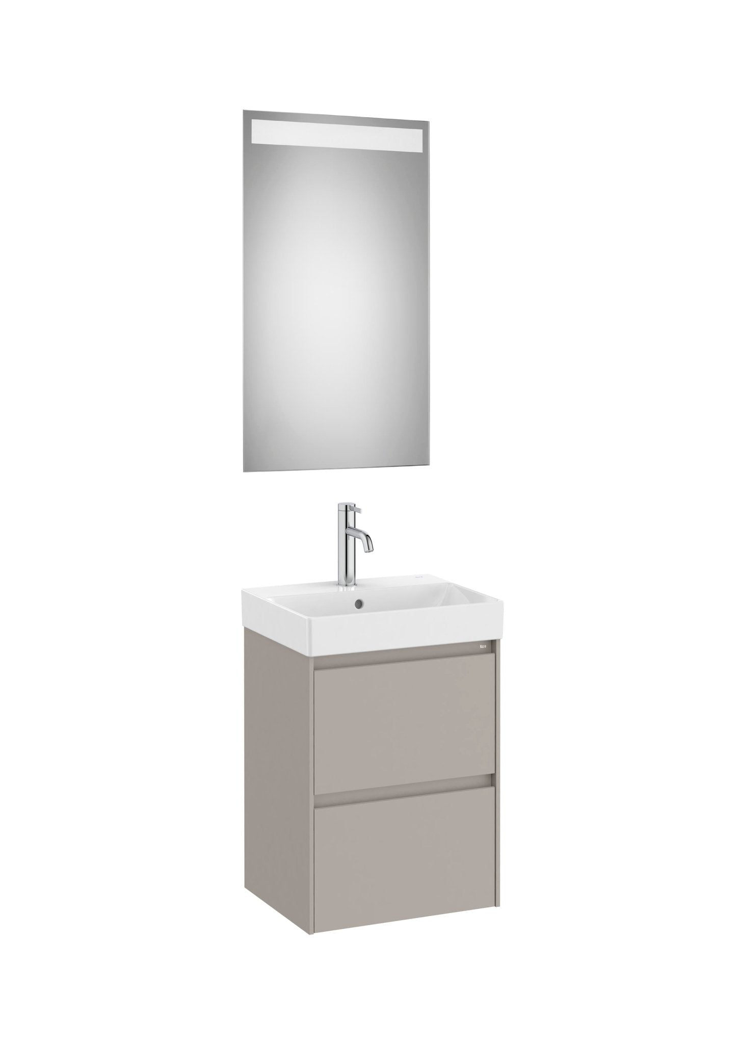 Roca - Mueble base Ona Pack compacto de dos cajones, lavabo de Fineceramic® y espejo LED Eidos - BricoandPool